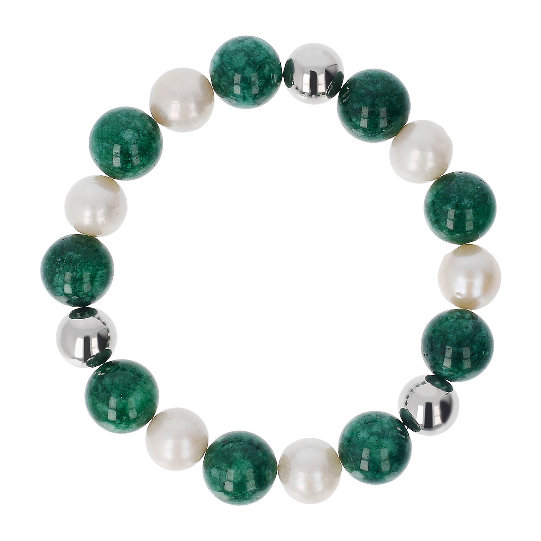 PERLAVIVA - Bracciale Elastico con Sfere, Quarzo Verde Scuro e Perle d'Acqua Dolce Bianche Ø 9/10 mm