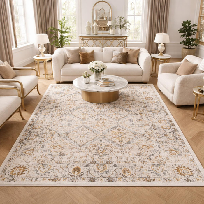 Tapis salon, motif rétro-vintage en relief, style chaleureux