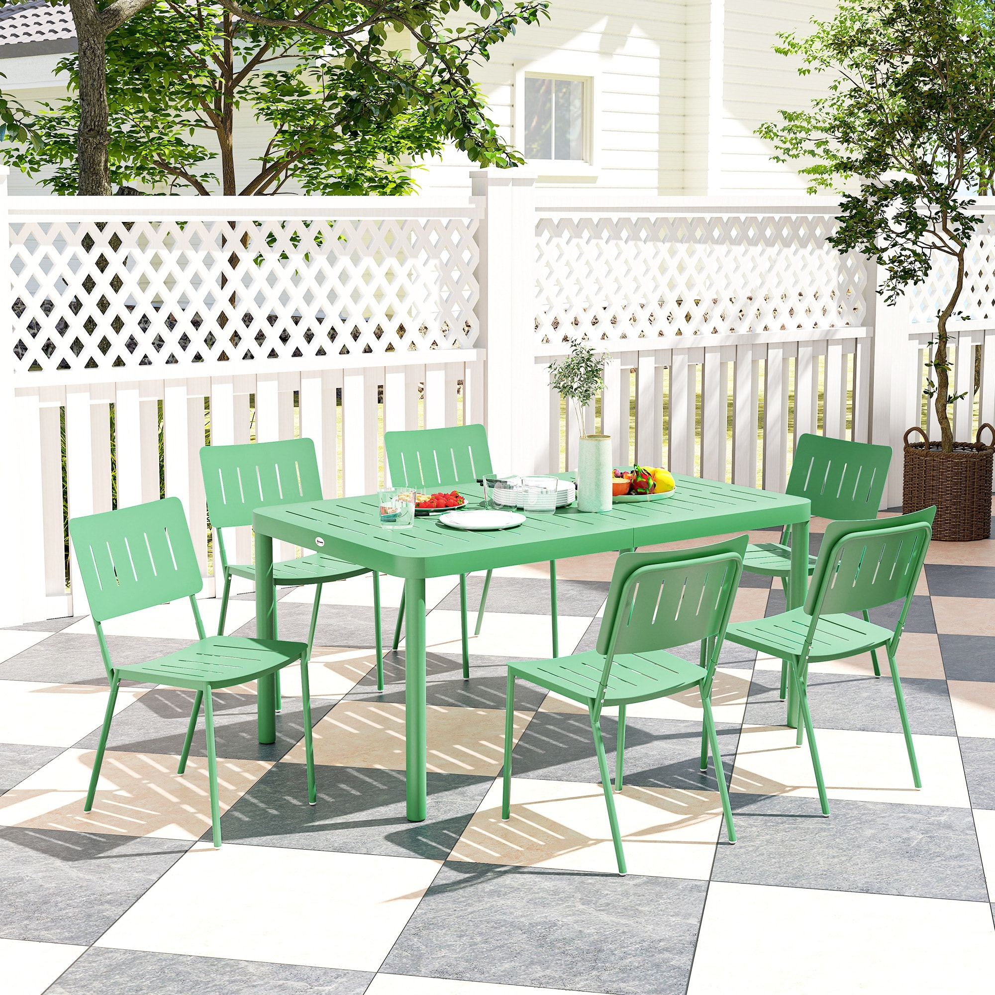Salon de jardin - ensemble déjeuner 6 places 7 pièces - table et 6 chaises empilables - acier thermolaqué vert