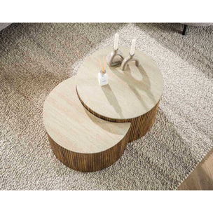 Jade - lot de 2 tables basses gigognes effet travertin - pieds en bois massif de manguier - 60 cm - Bois / Beige