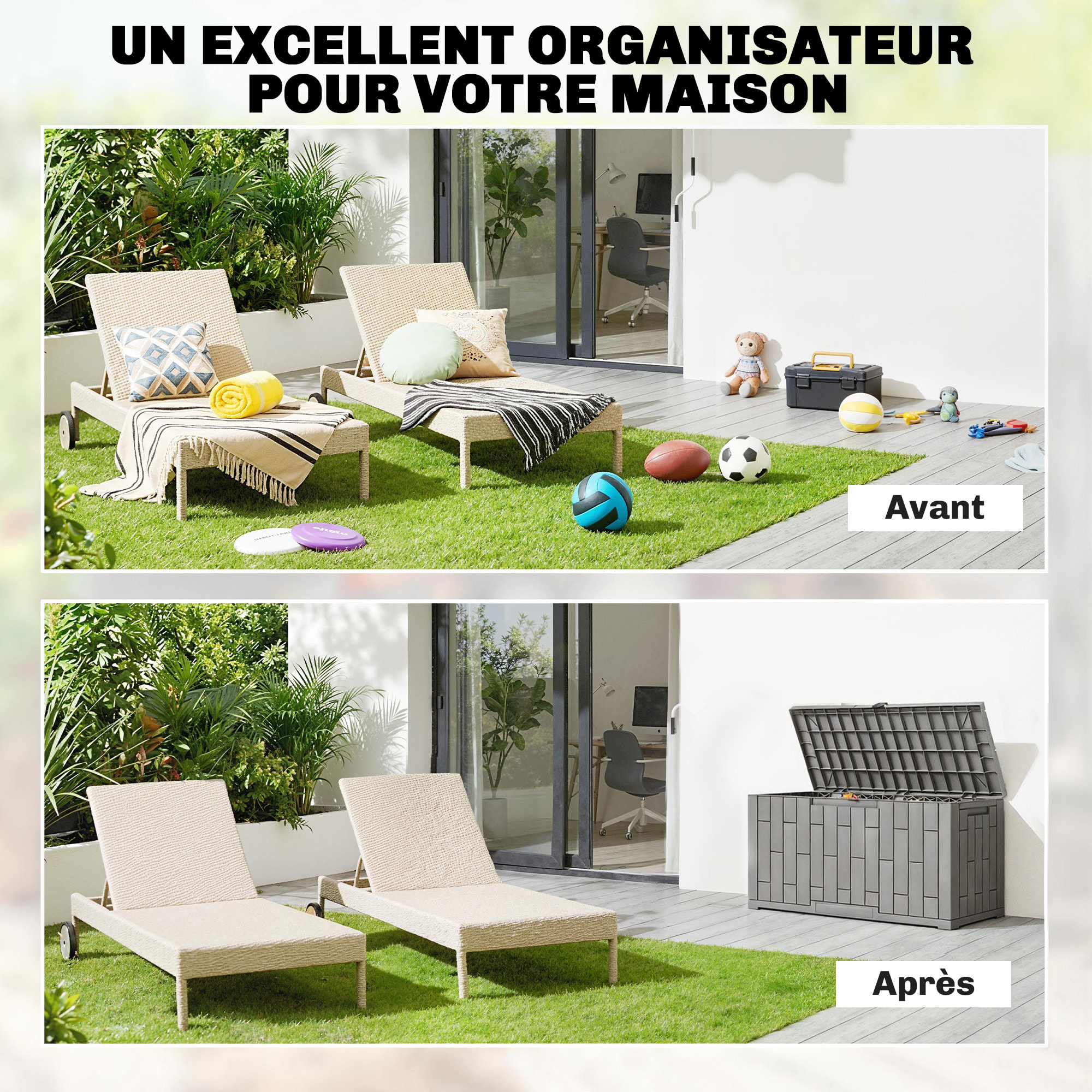 Coffre de jardin 227L verrouillable PP aspect bois gris