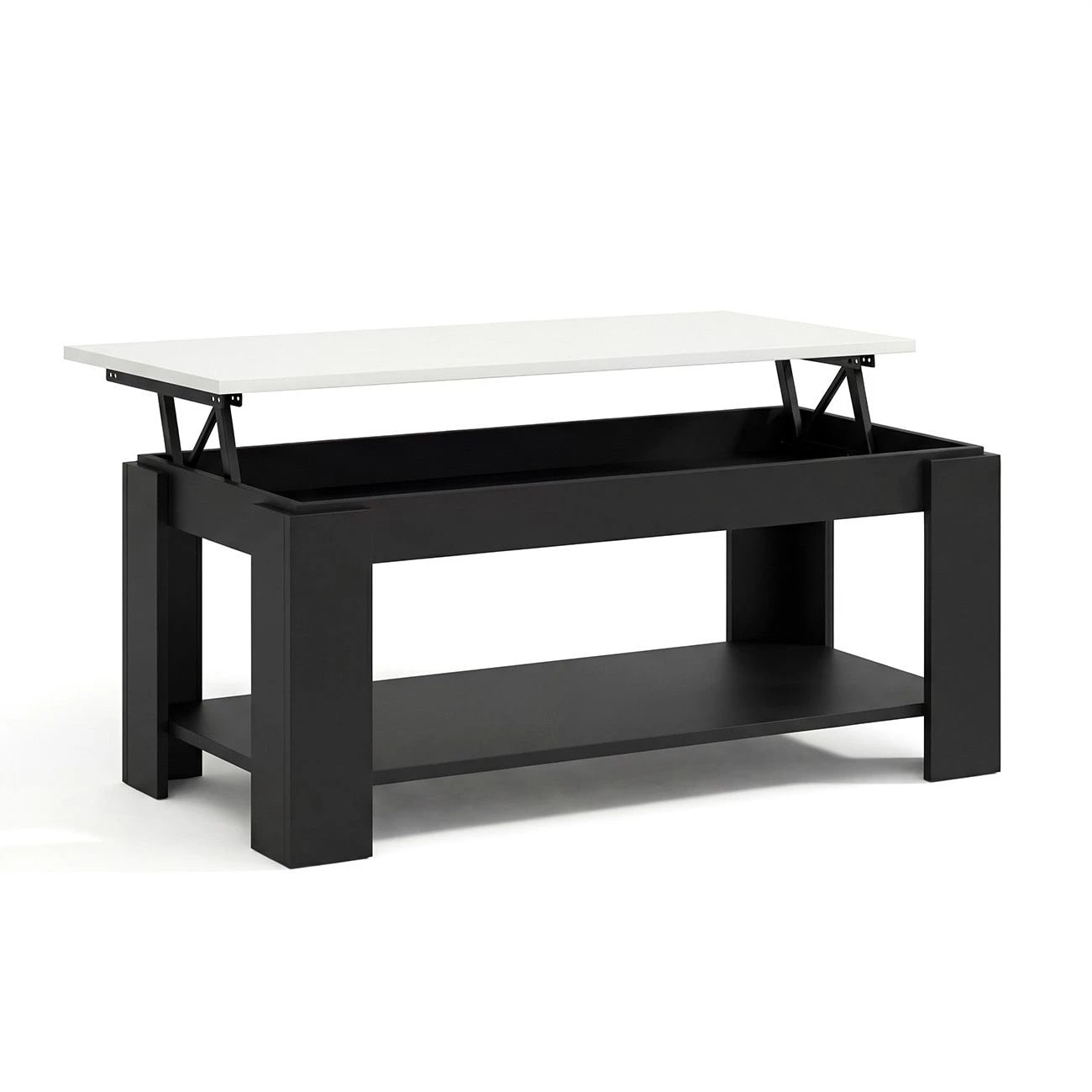 Mesa de centro elevable con almacenaje en negro mate y blanco artik 102x43-54 cm Lya Negro Mate - Blanco Artik