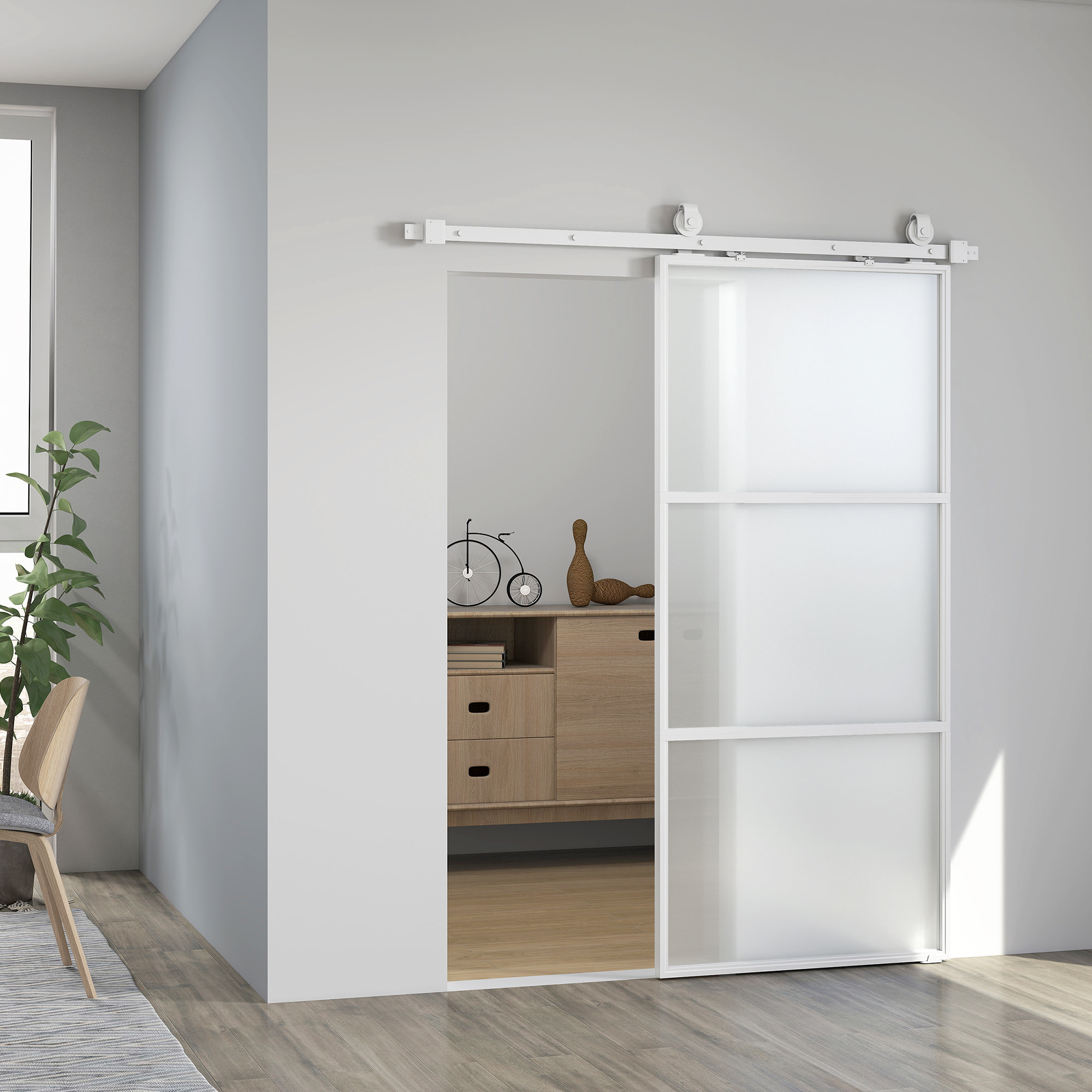 Puerta Corredera con Herrajes Puerta Corredera de Cristal con Mecanismo Cierre Suave para Baño Salón Sala de Estar Cocina 91,4x203,2 cm Blanco