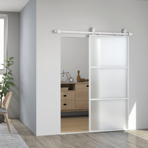 Puerta Corredera con Herrajes Puerta Corredera de Cristal con Mecanismo Cierre Suave para Baño Salón Sala de Estar Cocina 91,4x203,2 cm Blanco