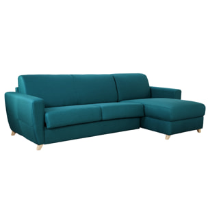 Canapé d'angle convertible réversible avec coffre 4 places en tissu bleu canard et bois clair GRAHAM