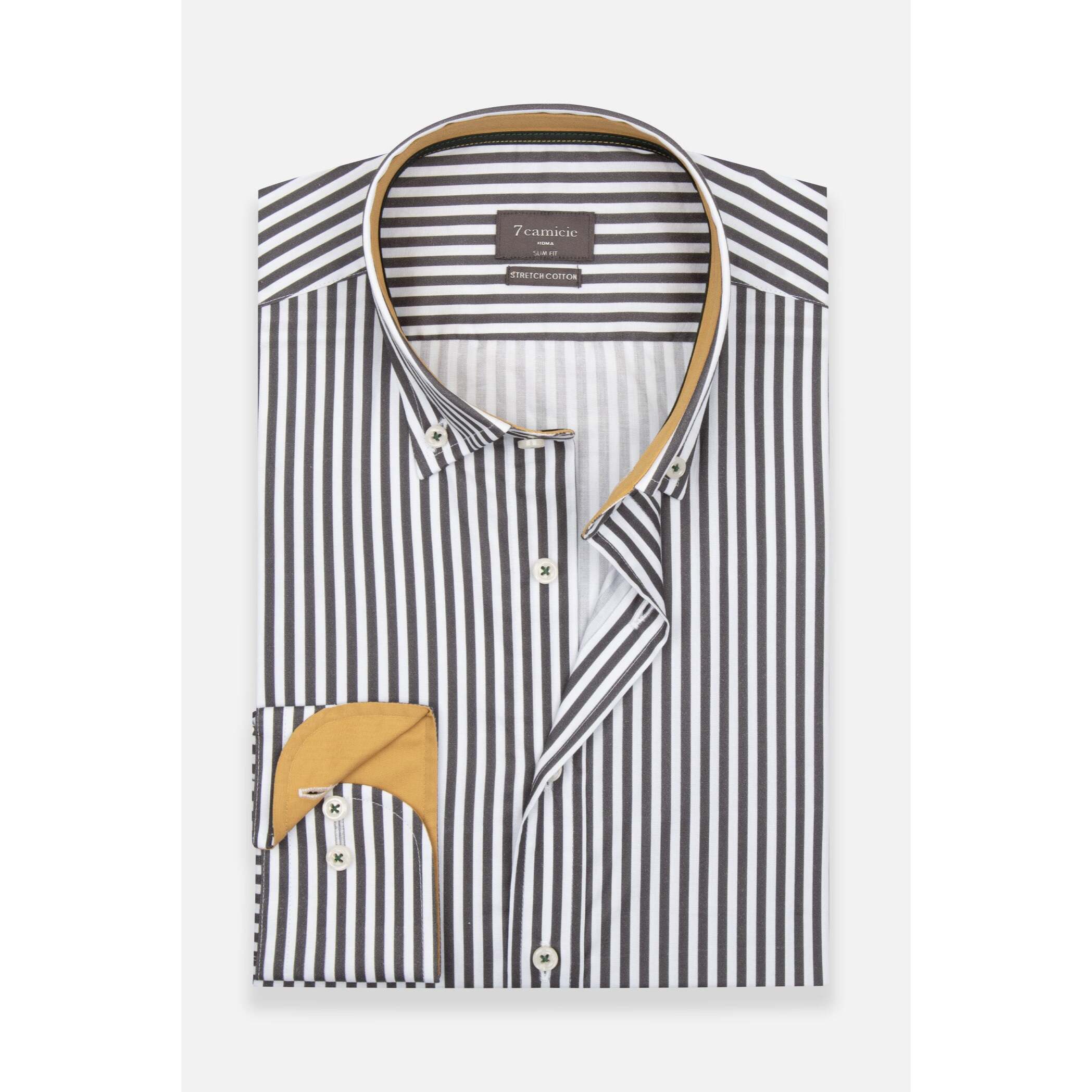 camicia uomo 1 bottone button down slim Popeline Stretch Riga Media Bianco e Grigio Scuro
