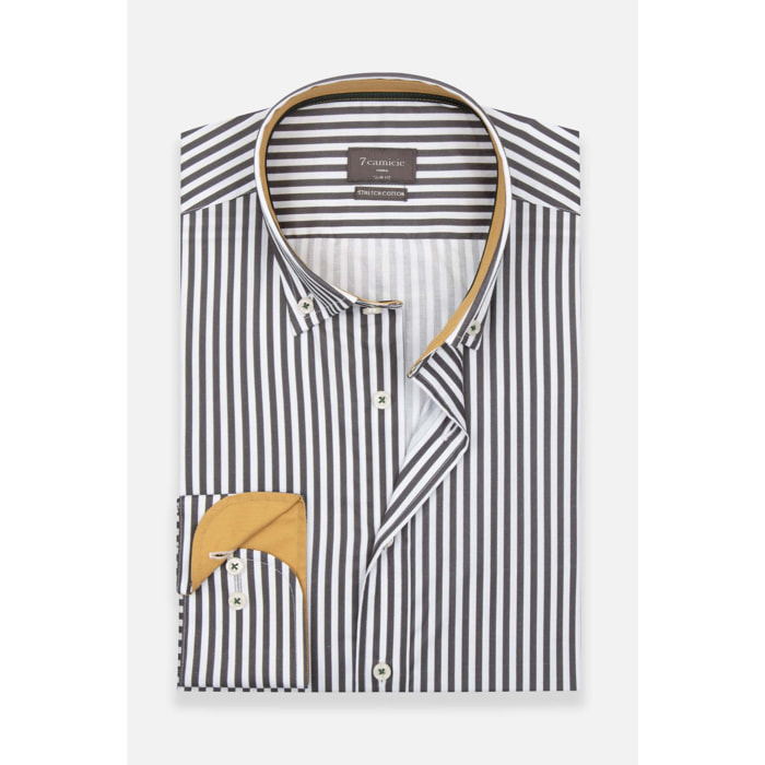 camicia uomo 1 bottone button down slim Popeline Stretch Riga Media Bianco e Grigio Scuro