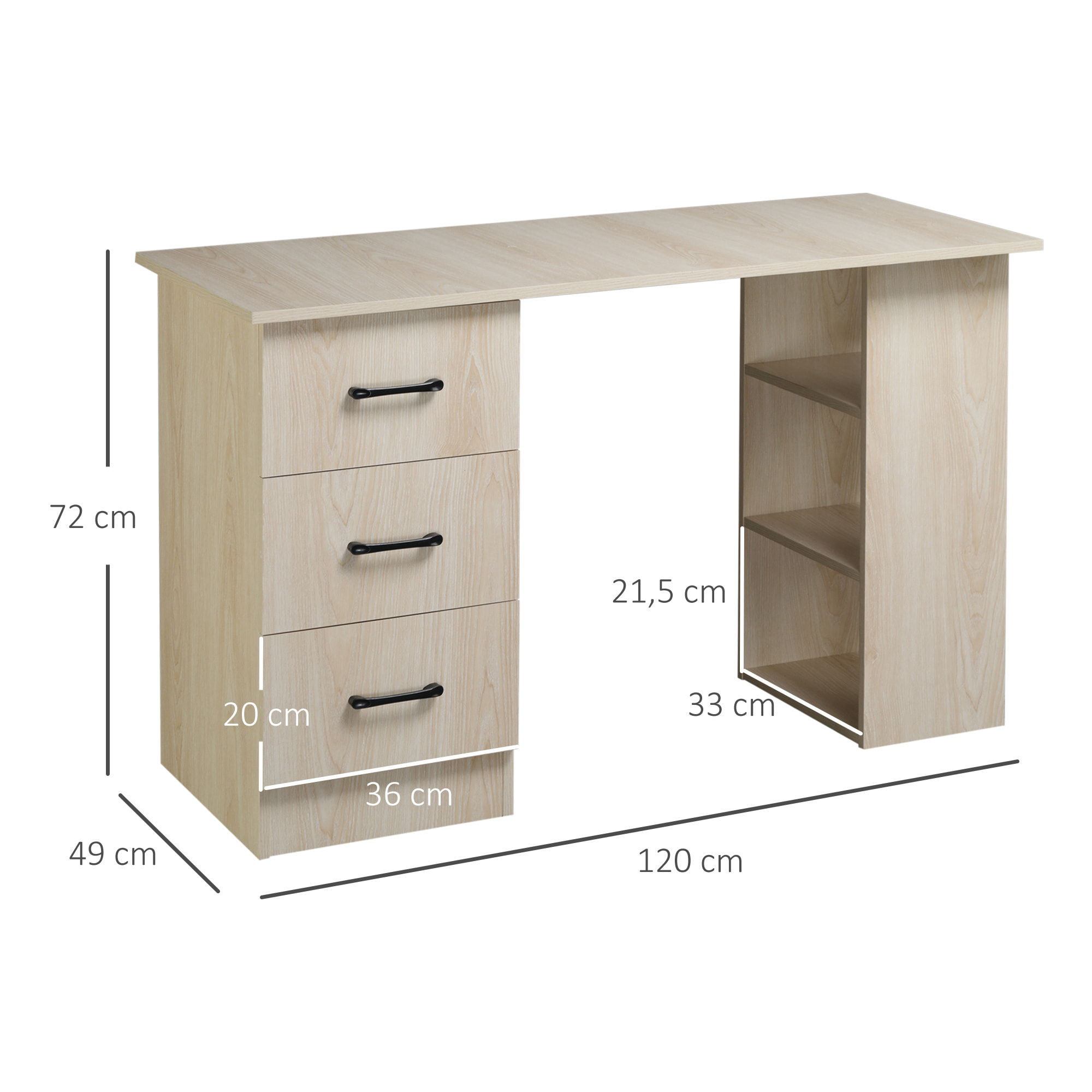 Bureau informatique table multi-fonctions 3 tiroirs 2 étagères dim. 120L x 49l x 72H cm MDF aspect bois
