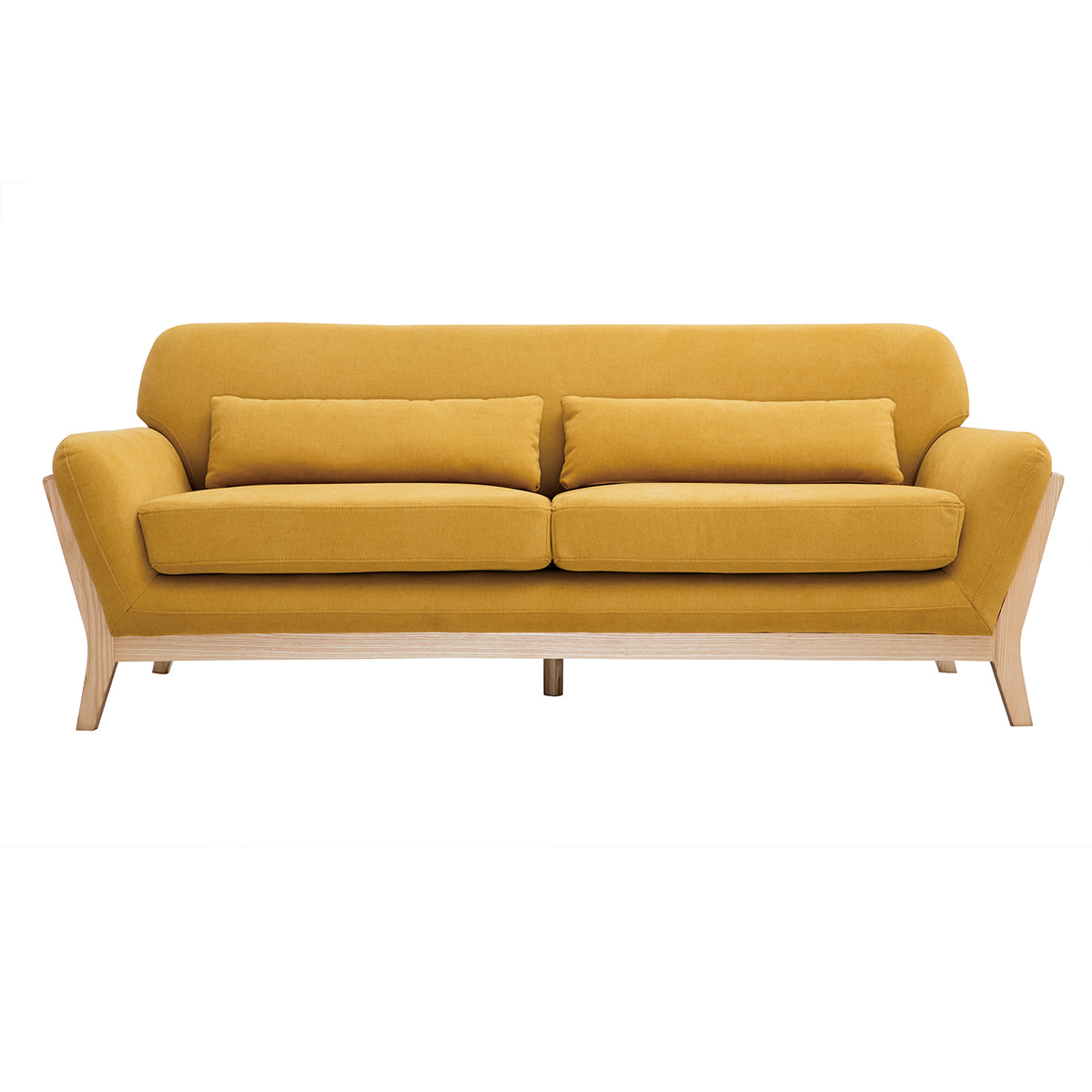 Canapé scandinave 3 places en tissu effet velours jaune moutarde et bois clair YOKO