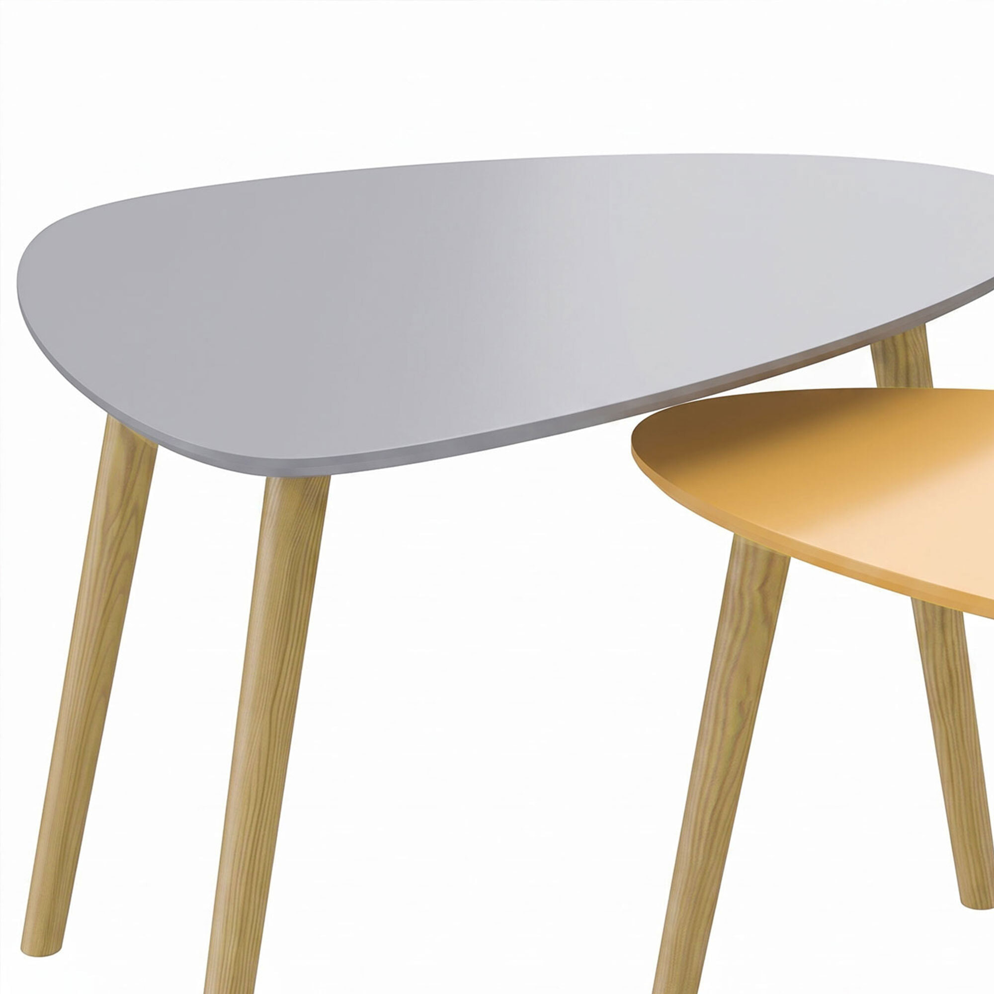 Lot de 2 tables basses gigognes design scandinave forme triangle de reuleaux bois MDF jaune orangé gris