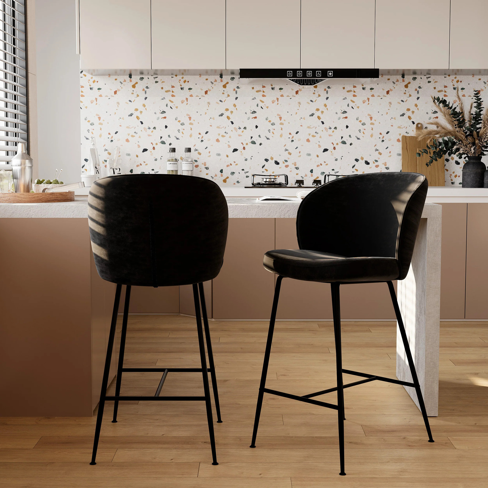 Lot de 2 chaises pour îlot central 66 cm en tissu bouclé noir - Groom