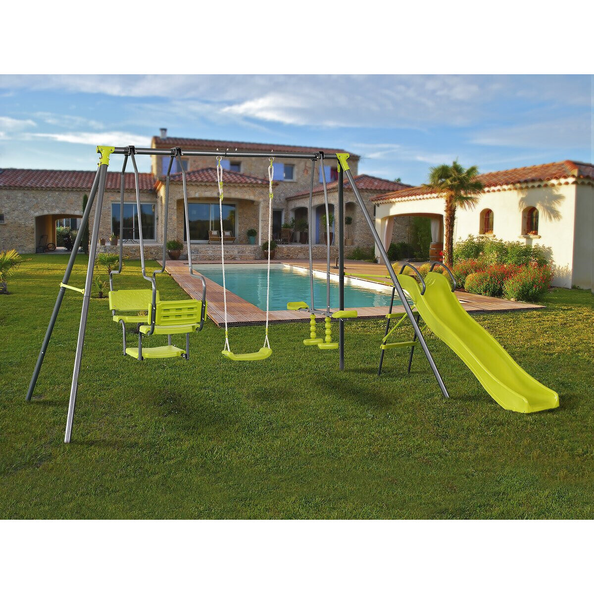 Portique en métal avec toboggan "Ludo II" avec 4 agrès - Vert