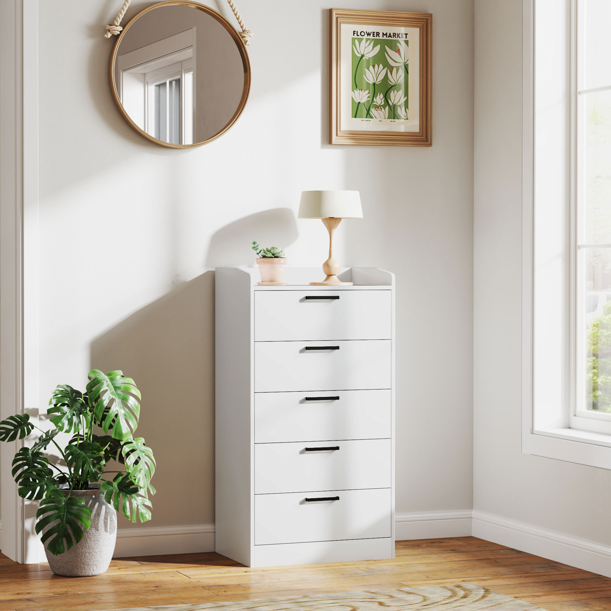 Commode 5 tiroirs et plateau - meuble de rangement bureau - poignées métal noir MDF blanc