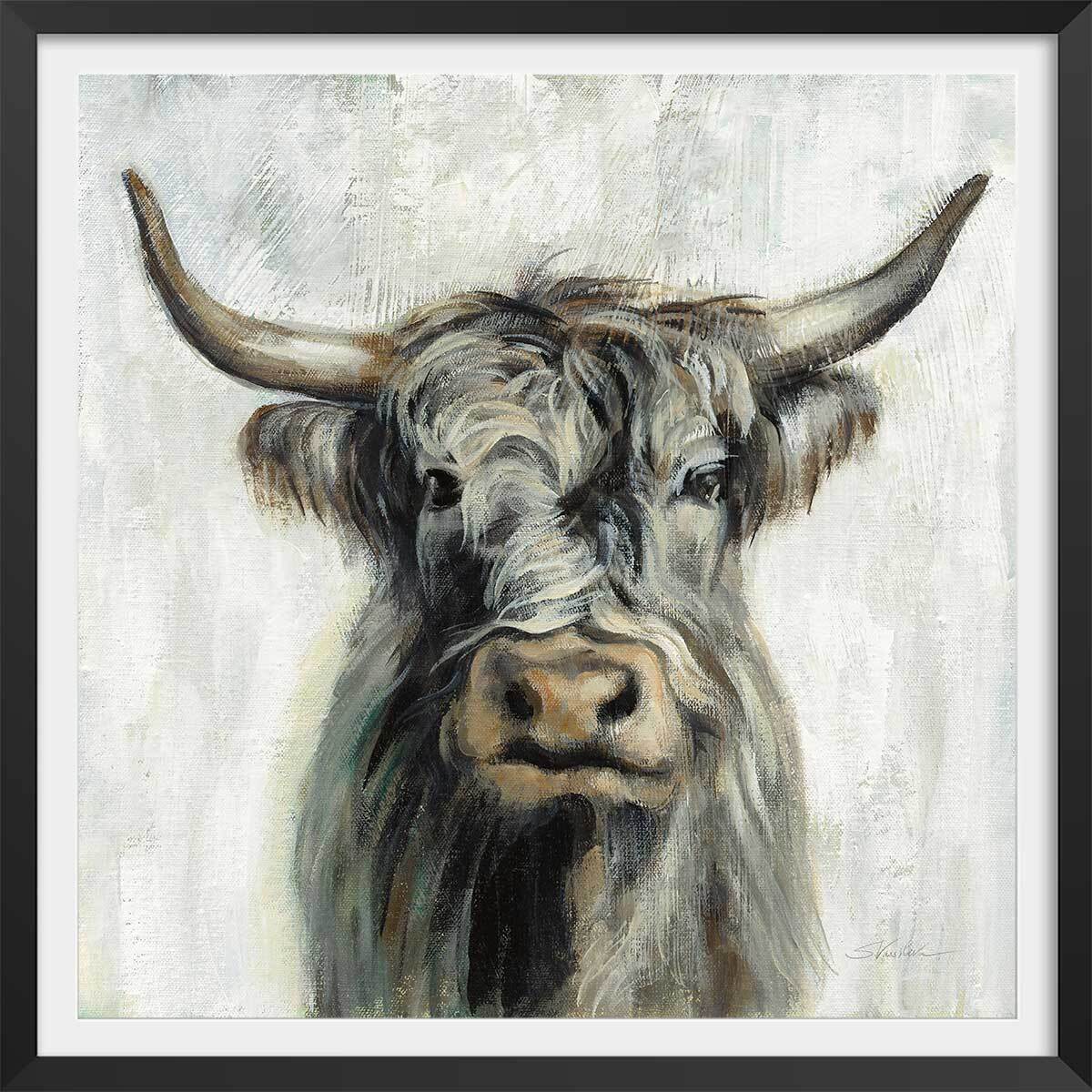Affiche Vache highland aquarelle Affiche + cadre en bois - Noir