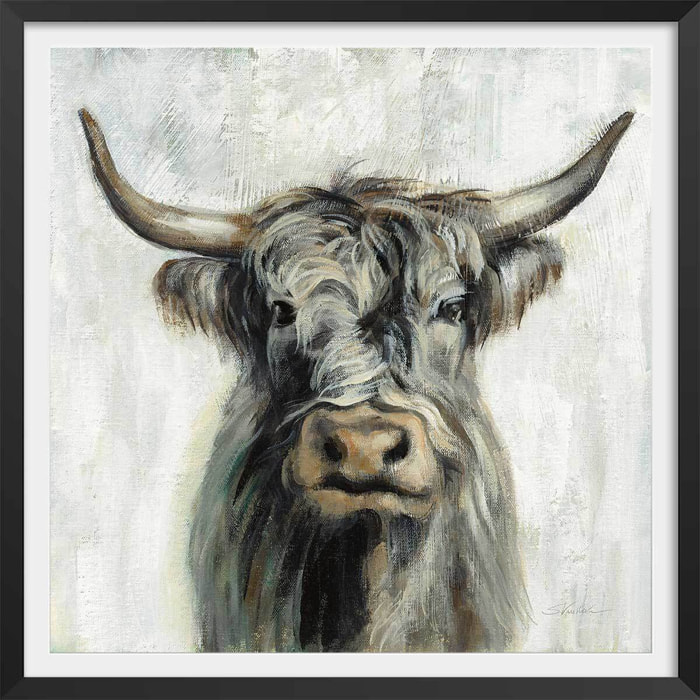 Affiche Vache highland aquarelle Affiche + cadre en bois - Noir