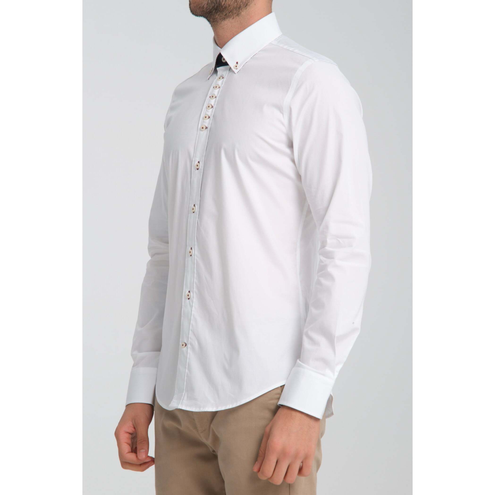 Camicia Uomo 1 Bottoni Button Down Slim Popeline Stretch Unito Bianco