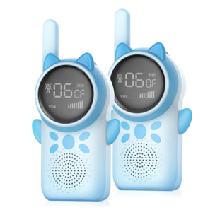 DAM Walkie Talkies infantiles D25, 1-3 km, pantalla 1,5'' a color, 99 códigos de grupo encriptados, luz LED. 2 unidades. Batería recargable. 7x4,5x14,3 Cm. Color: Azul