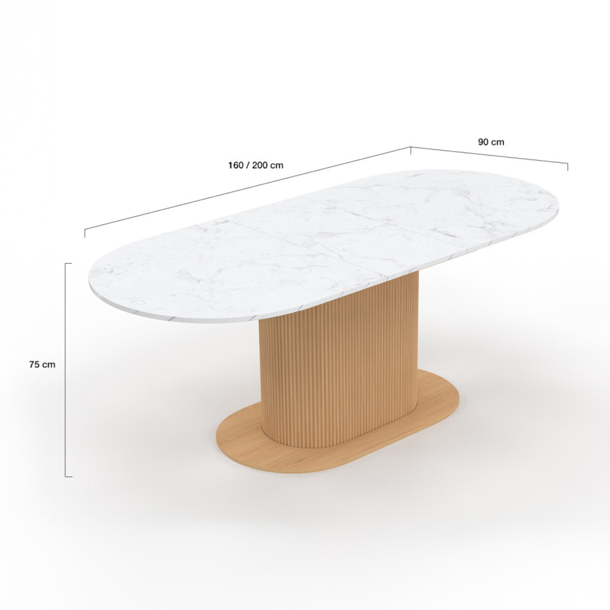 Table à manger extensible Maria effet marbre blanc et pied lattes 160-200cm