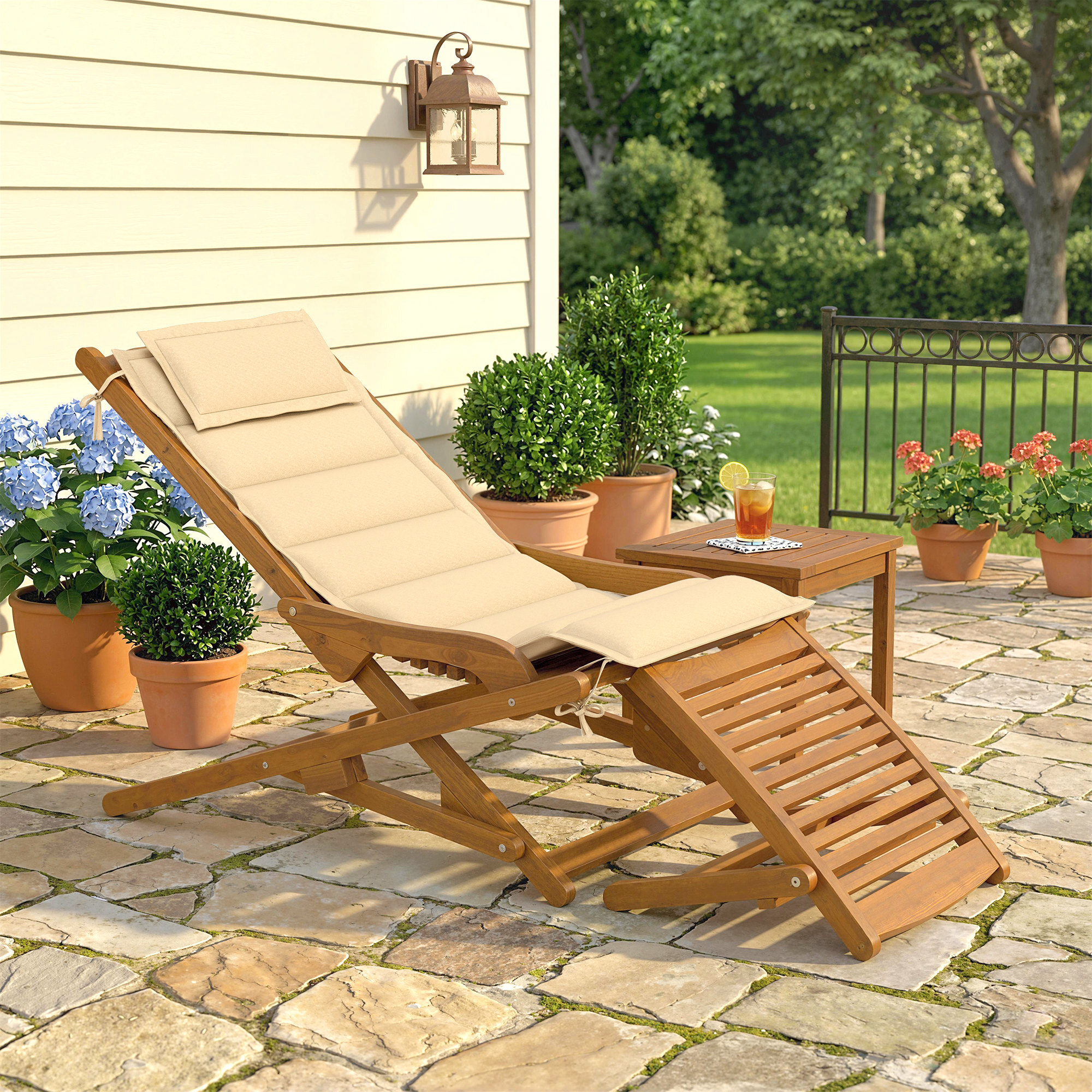 Tumbona Silla Plegable de Madera de Acacia, Silla de Jardín Exterior con Reposapiés Desmontable y Cojín con Reposacabezas, Carga 160 kg, para Terraza, Patio, Playa, 158x61x70 cm, Beige