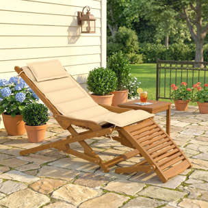 Tumbona Silla Plegable de Madera de Acacia, Silla de Jardín Exterior con Reposapiés Desmontable y Cojín con Reposacabezas, Carga 160 kg, para Terraza, Patio, Playa, 158x61x70 cm, Beige