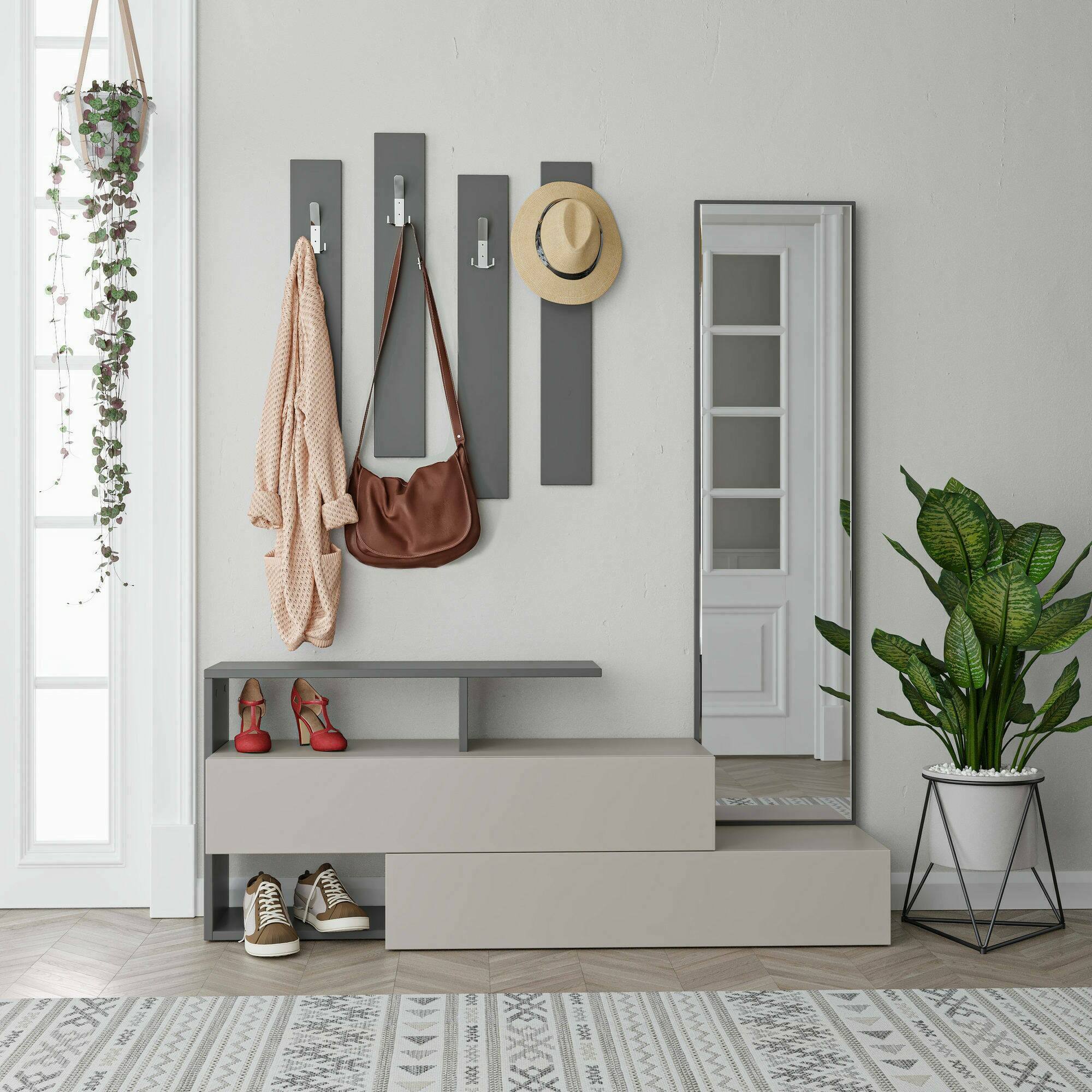 Mobile da ingresso Ascari, Entratina appendiabiti, Composizione per atrio, Consolle portaoggetti multifunzione, 137x35h55 cm, Tortora e Antracite