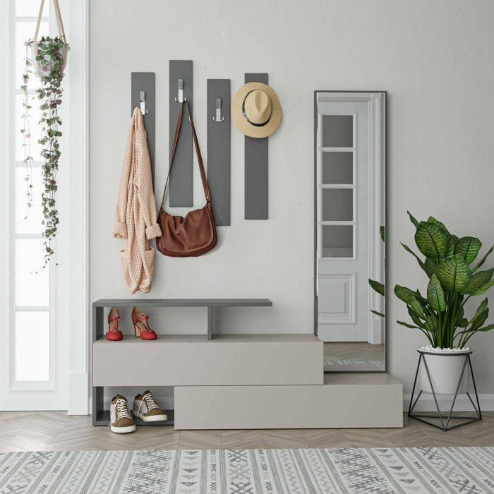 Mobile da ingresso Ascari, Entratina appendiabiti, Composizione per atrio, Consolle portaoggetti multifunzione, 137x35h55 cm, Tortora e Antracite