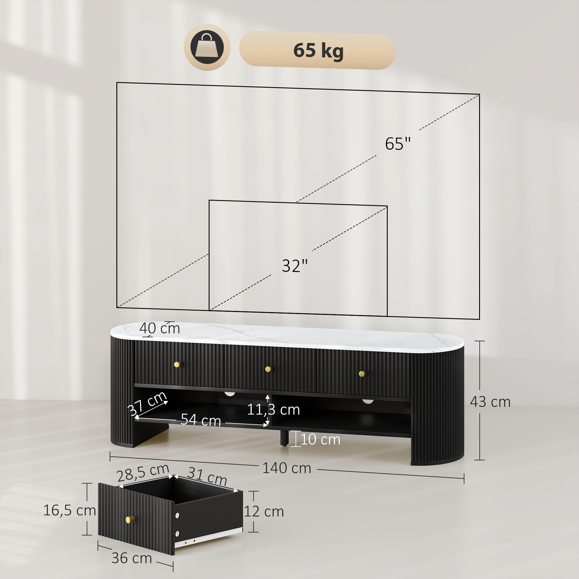 Meuble TV design ovale effet marbre blanc 140 x 40 x 43 cm 3 tiroirs 2 niches noir