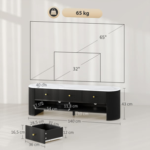 Meuble TV design ovale effet marbre blanc 140 x 40 x 43 cm 3 tiroirs 2 niches noir