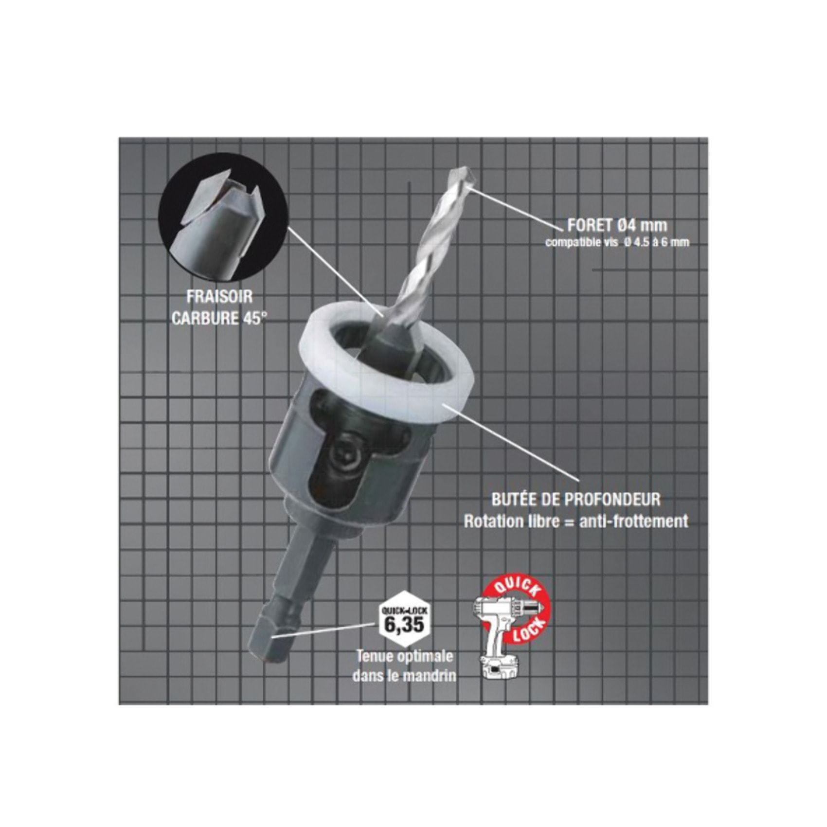 Kit terrasse Bois - Fraisoir carbure 45°+ Butée de profondeur + 3 forets Ø 4 mm + Clé de montage - DIAGER - 902D04