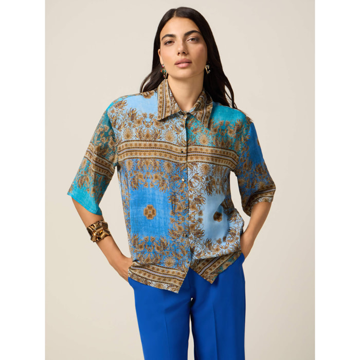 Oltre - Camicia in viscosa fantasia - Azzurro