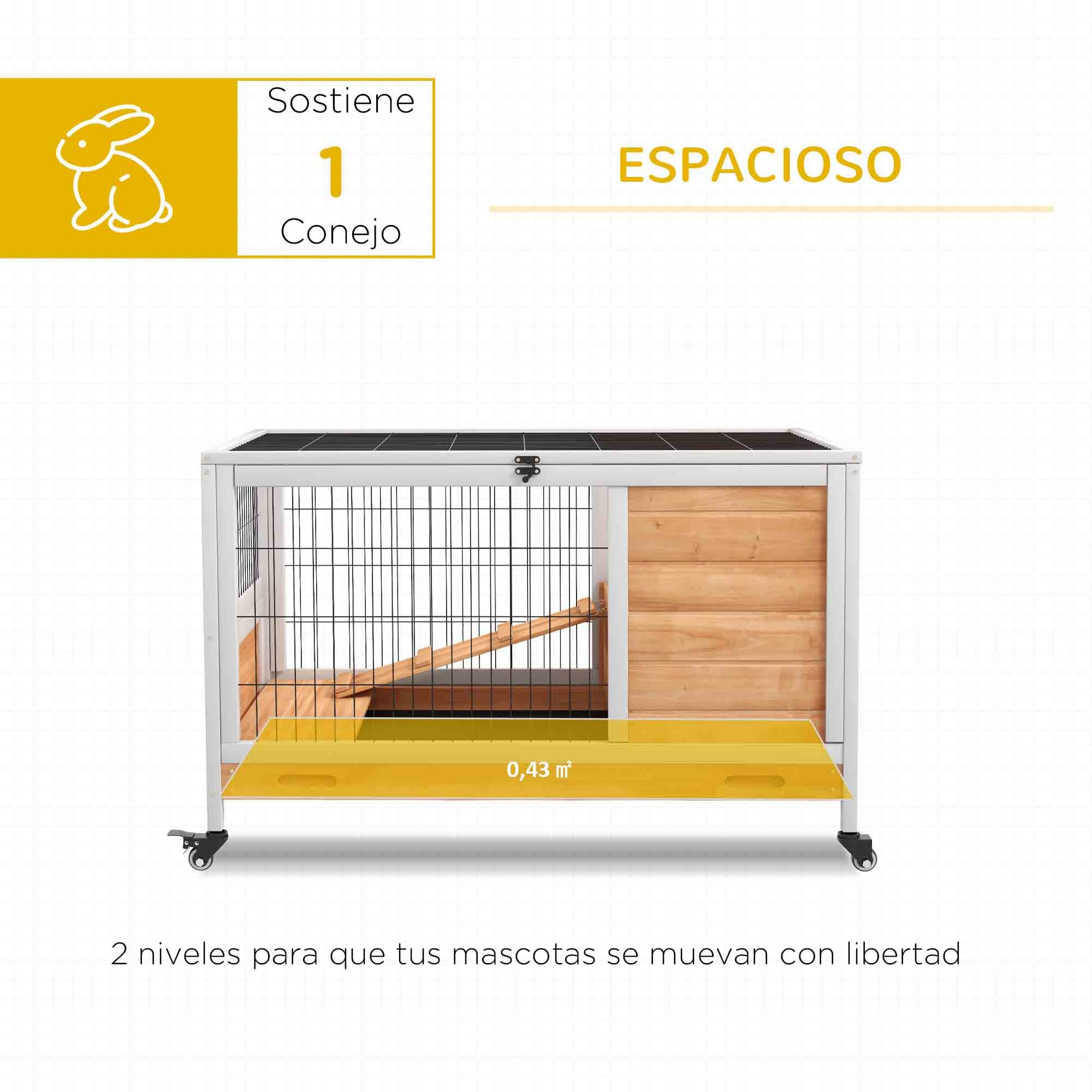 Jaula para Conejos de Madera Conejera para Mascotas Pequeñas Portátil Interior con Techo Abrible Rampa Bandeja Extraíble para Conejillos de Indias 90x53x59 cm Natural y Blanco