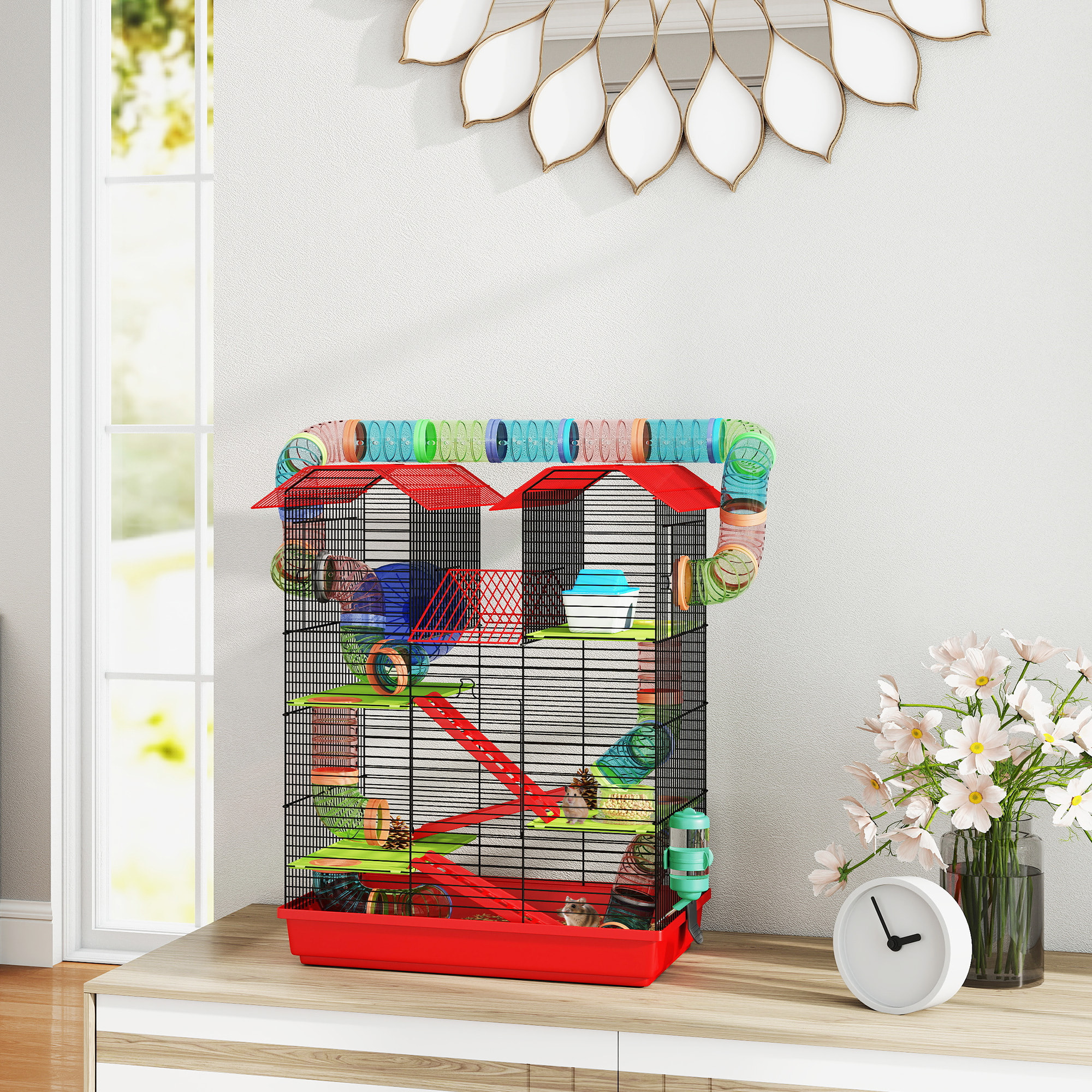 Cage pour hamster souris petits animaux rongeur avec tunnel mangeoire roue jouet 47 x 30 x 59 cm cm rouge