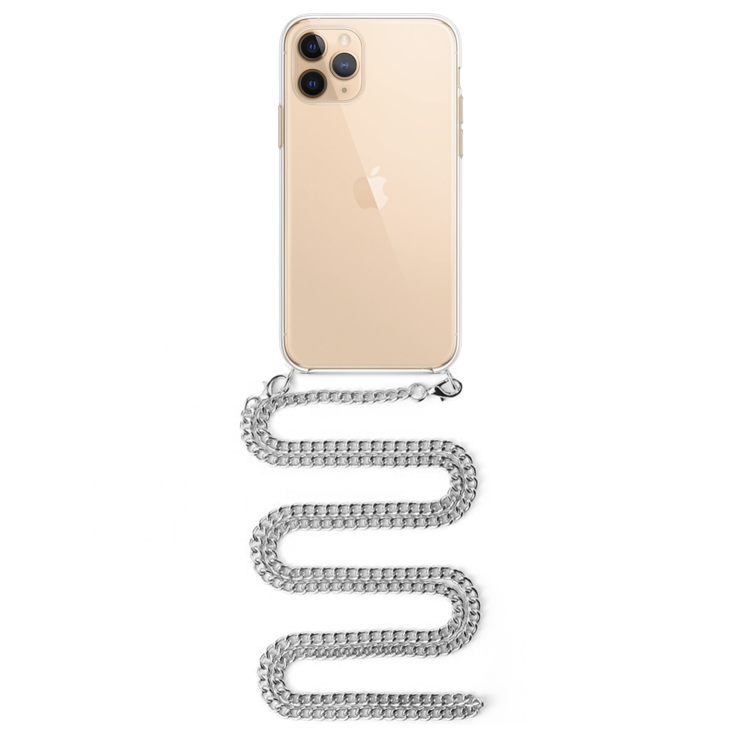 Cover trasparente per iPhone 11 Pro Max con ciondolo a catena in metallo. Accessorio moda, vestibilità perfetta e massima protezione