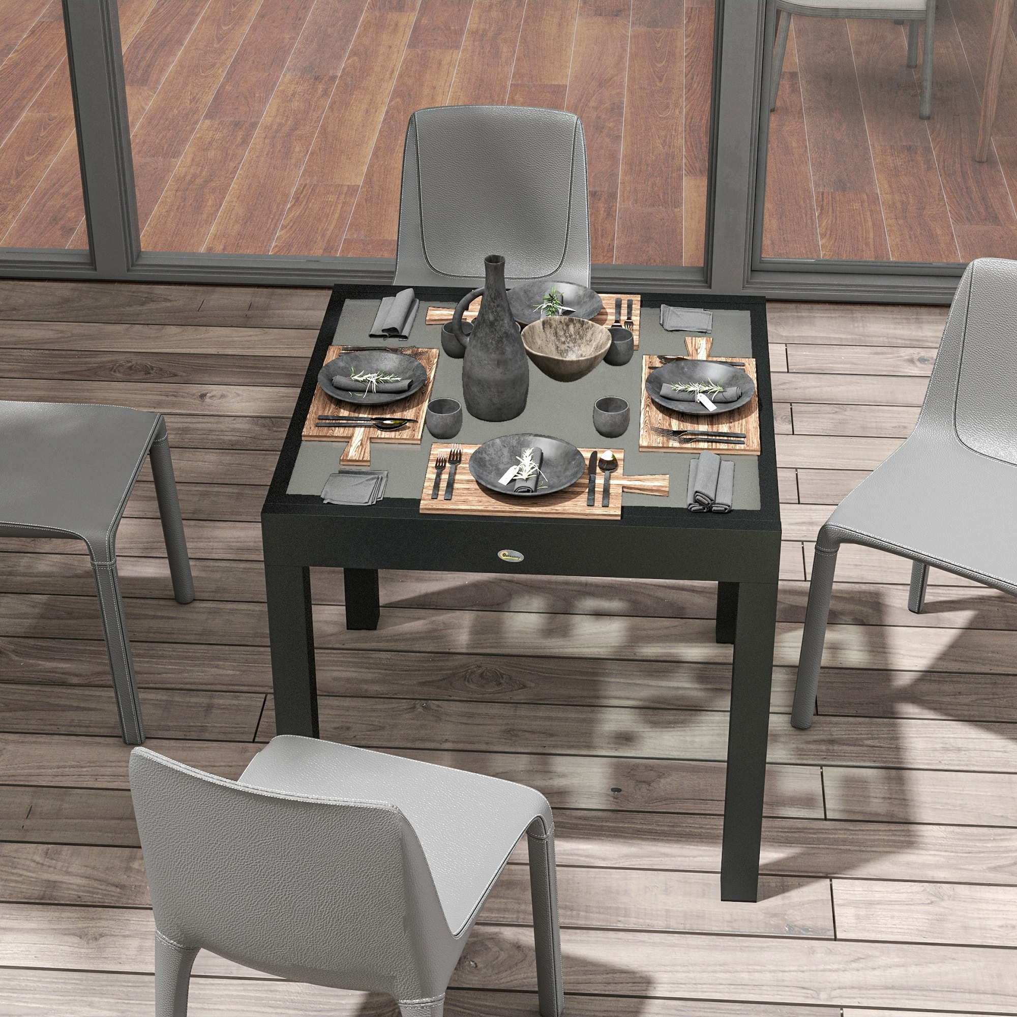 Table extensible de jardin grande taille dim. dépliées 160L x 80l x 75H cm alu métal époxy anthracite plateau verre trempé transparent