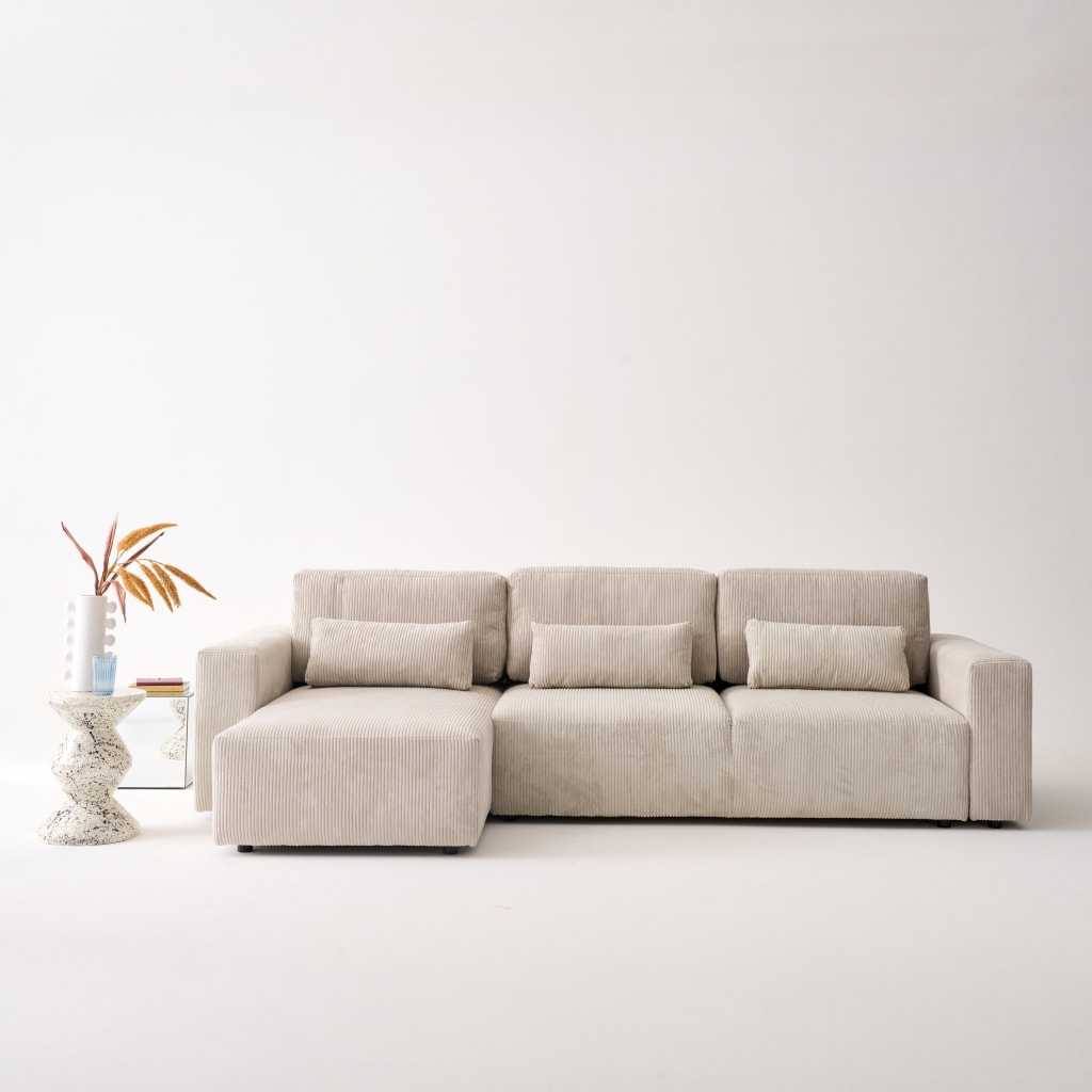 Canapé d'angle convertible réversible 5 places velours côtelé greige avec coffre de rangement - Theo