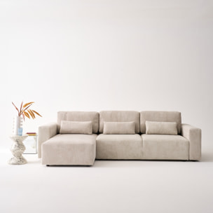 Canapé d'angle convertible réversible 5 places velours côtelé greige avec coffre de rangement - Theo