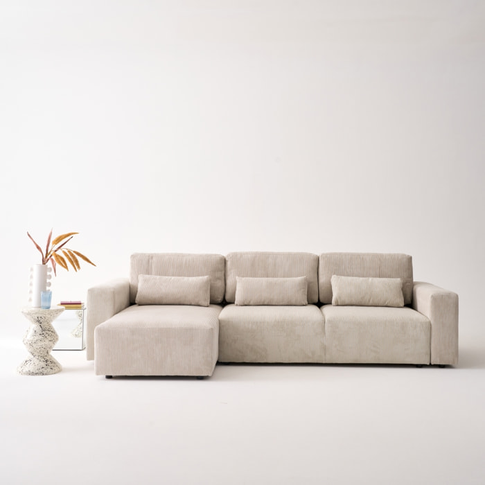 Canapé d'angle convertible réversible 5 places velours côtelé greige avec coffre de rangement - Theo