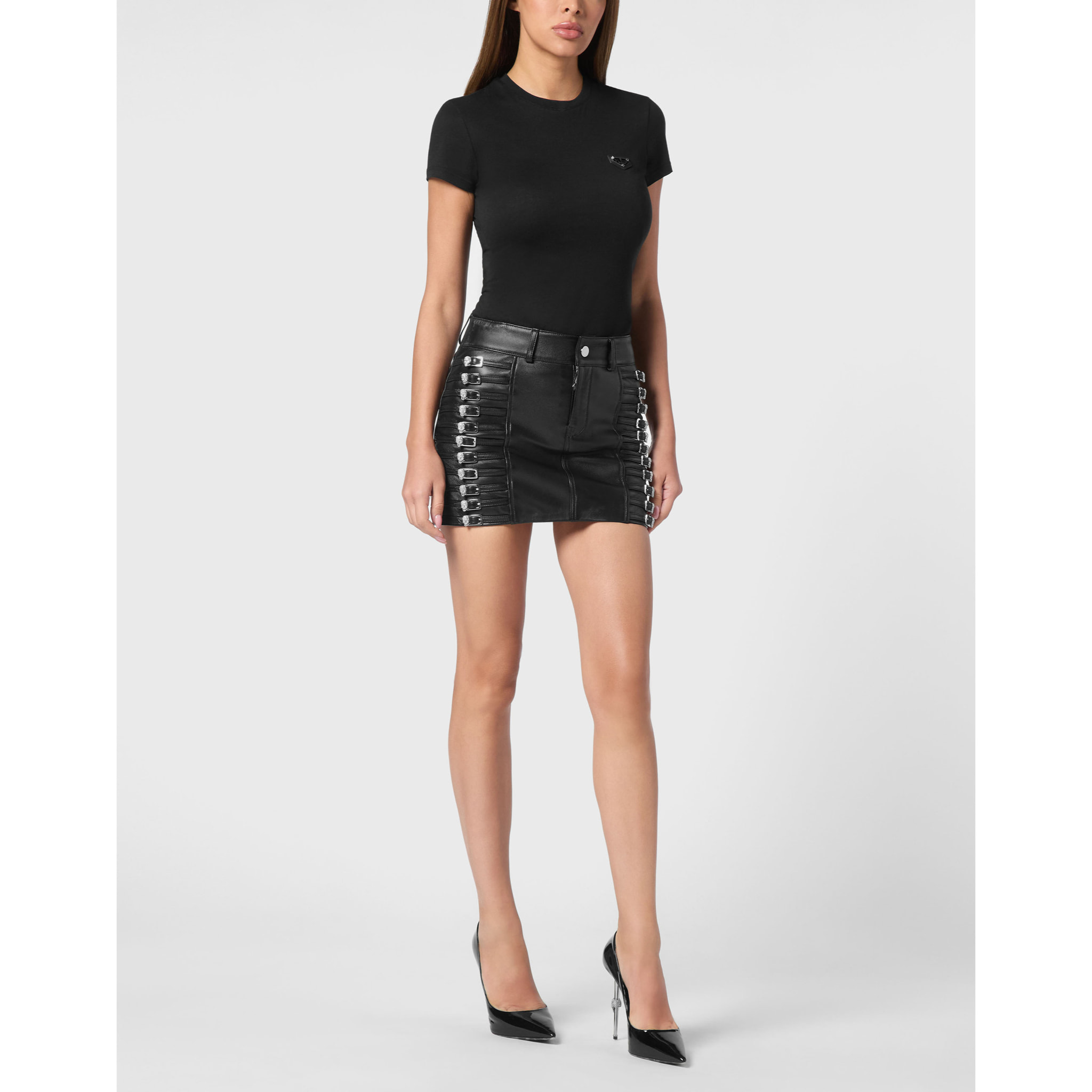 PHILIPP PLEIN Leather Skirt Mini SKULL