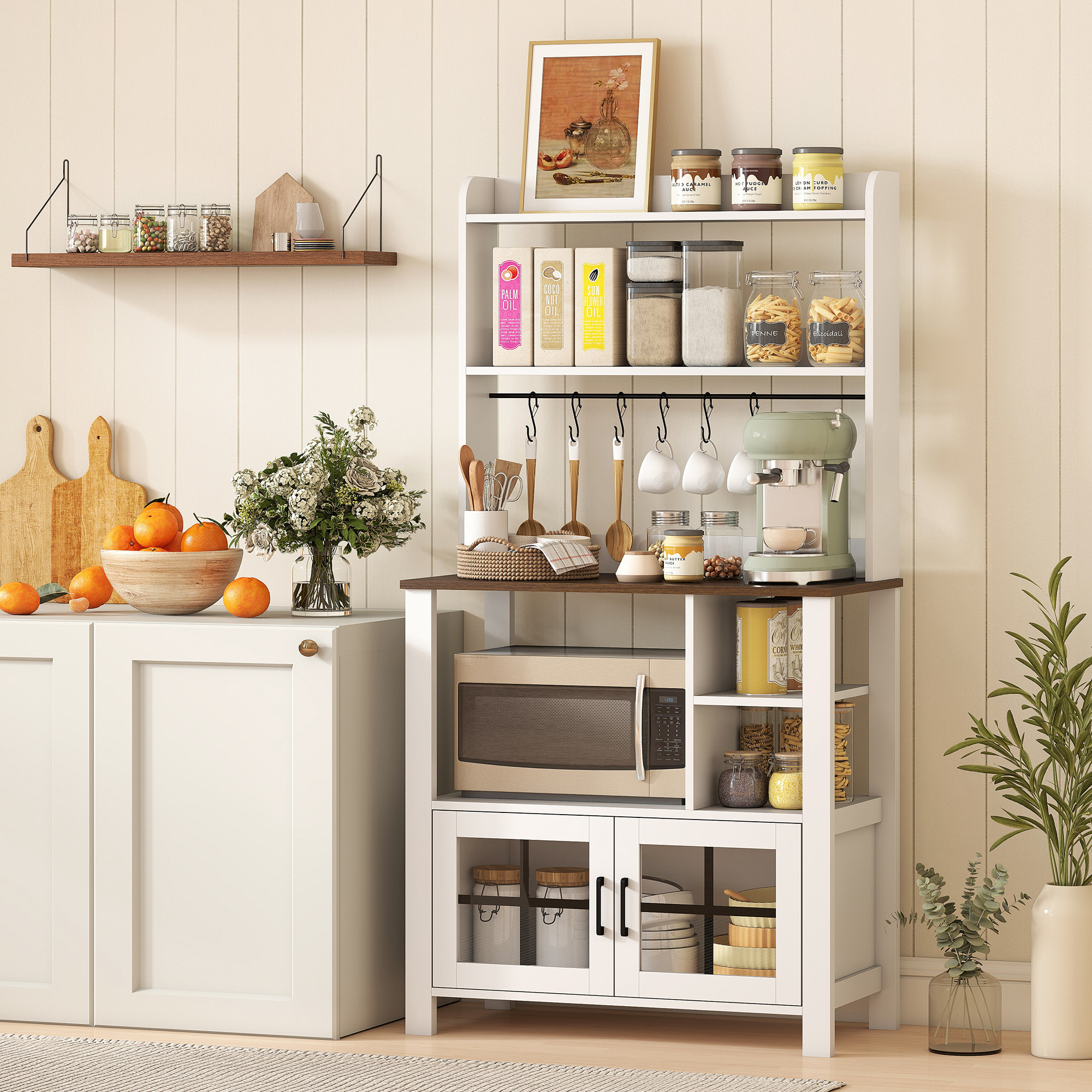 Alacena de Cocina Alta, Mueble Auxiliar de Cocina, con 6 Ganchos para Tazas, 2 Puertas de Vidrio, Estantes Abiertos, Blanco, 80x40x152 cm