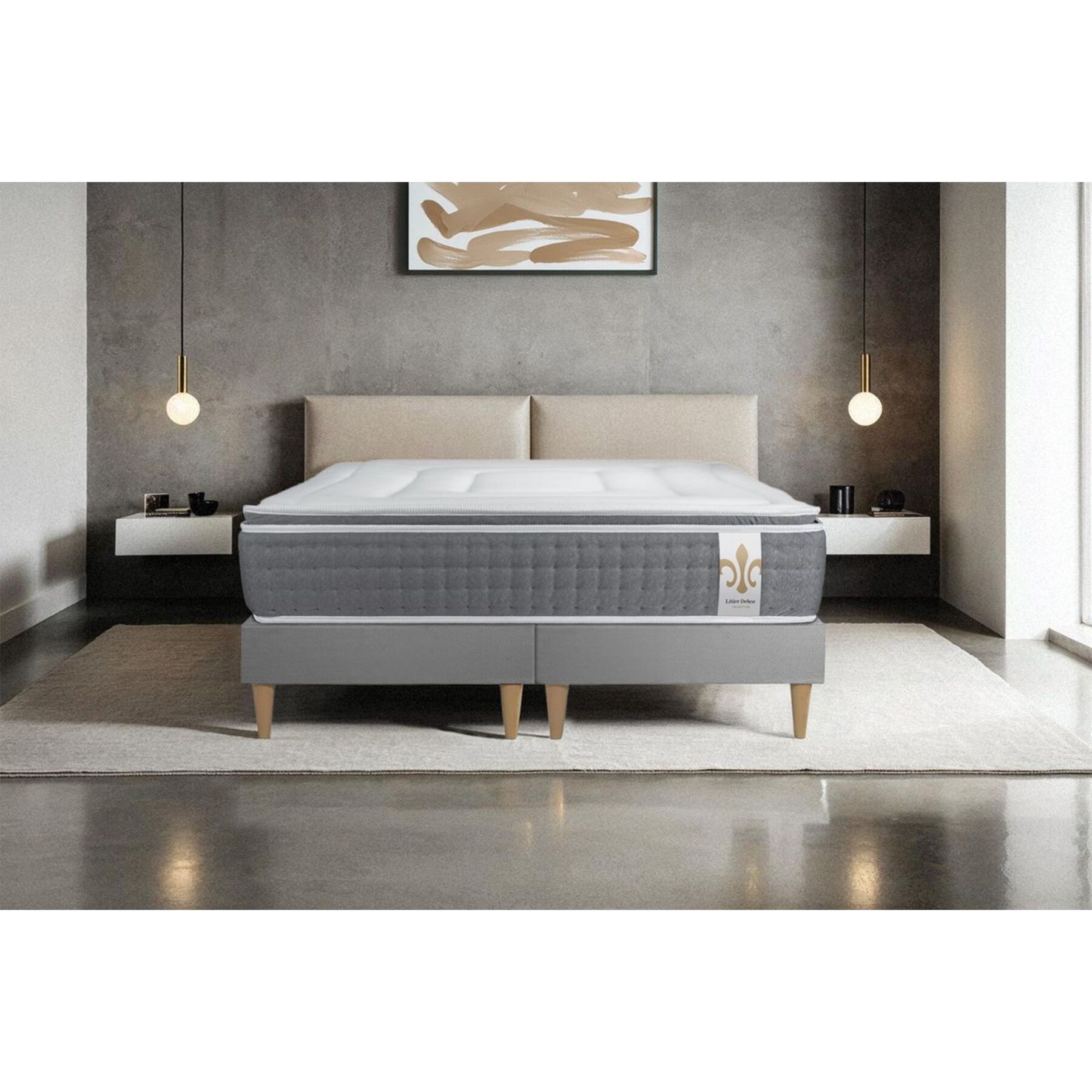 Ensemble Matelas Vingt-Six PLUS - 26cm - Ressorts ensachés et mémoire de forme - Effet nuage - Sommier Tapissier Gris