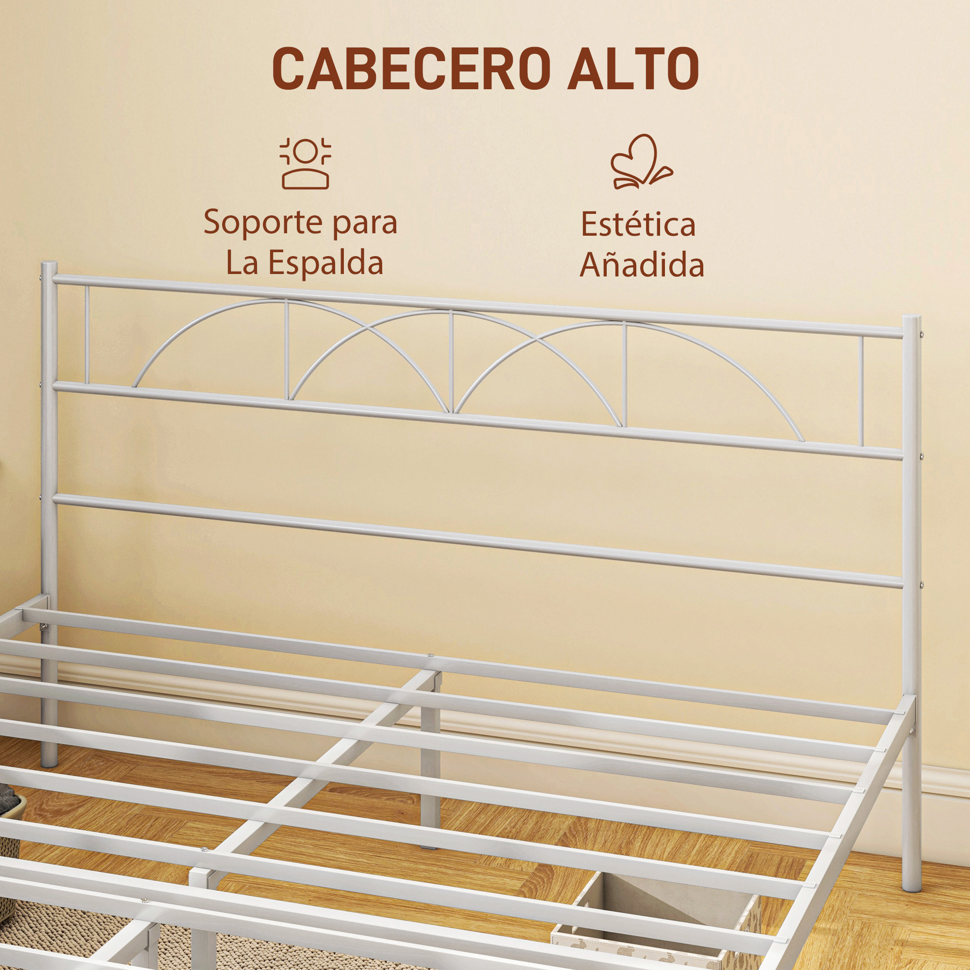 Cama Doble 150x200 cm Estructura de Cama Somier con Cabecera Listones de Acero y Espacio de Almacenamiento Debajo de la Cama Carga 330 kg Blanco