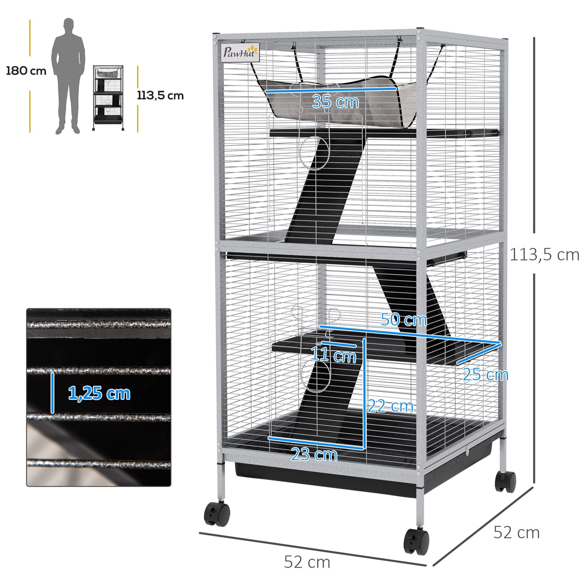 Cage pour petits animaux portable avec 2 portes hamac métal PP 52 x 52 x 113,5 cm blanc