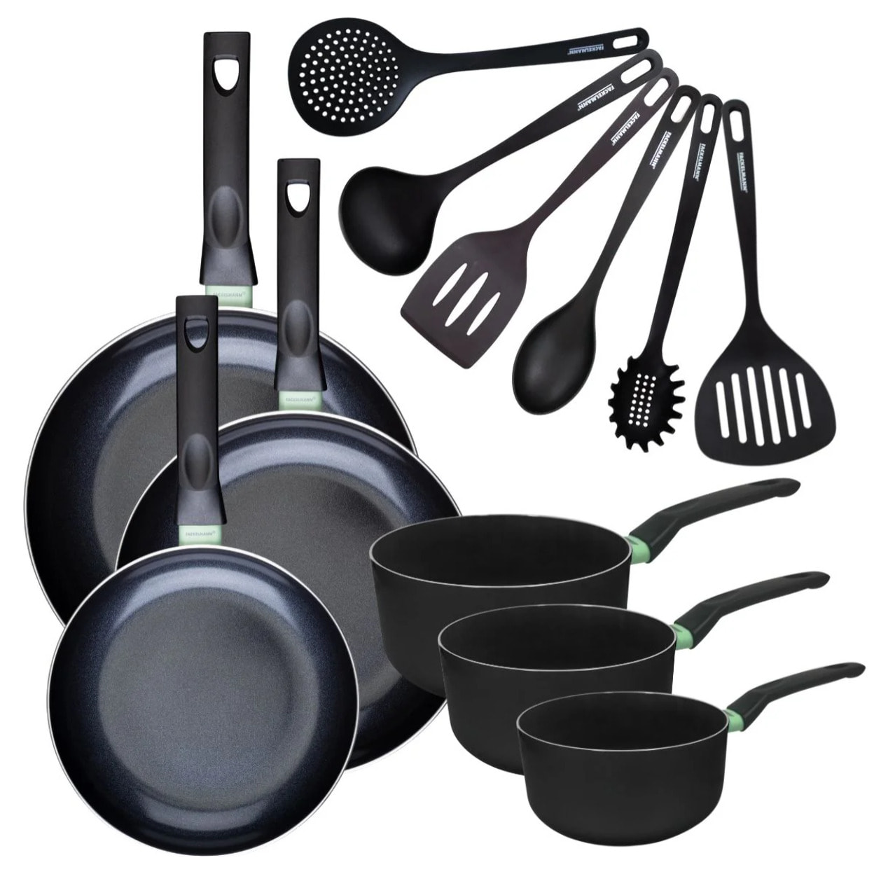 Set de 3 poêles et 3 casseroles antiadhésives céramique et 6 ustensiles RPET Fackelmann Brandao