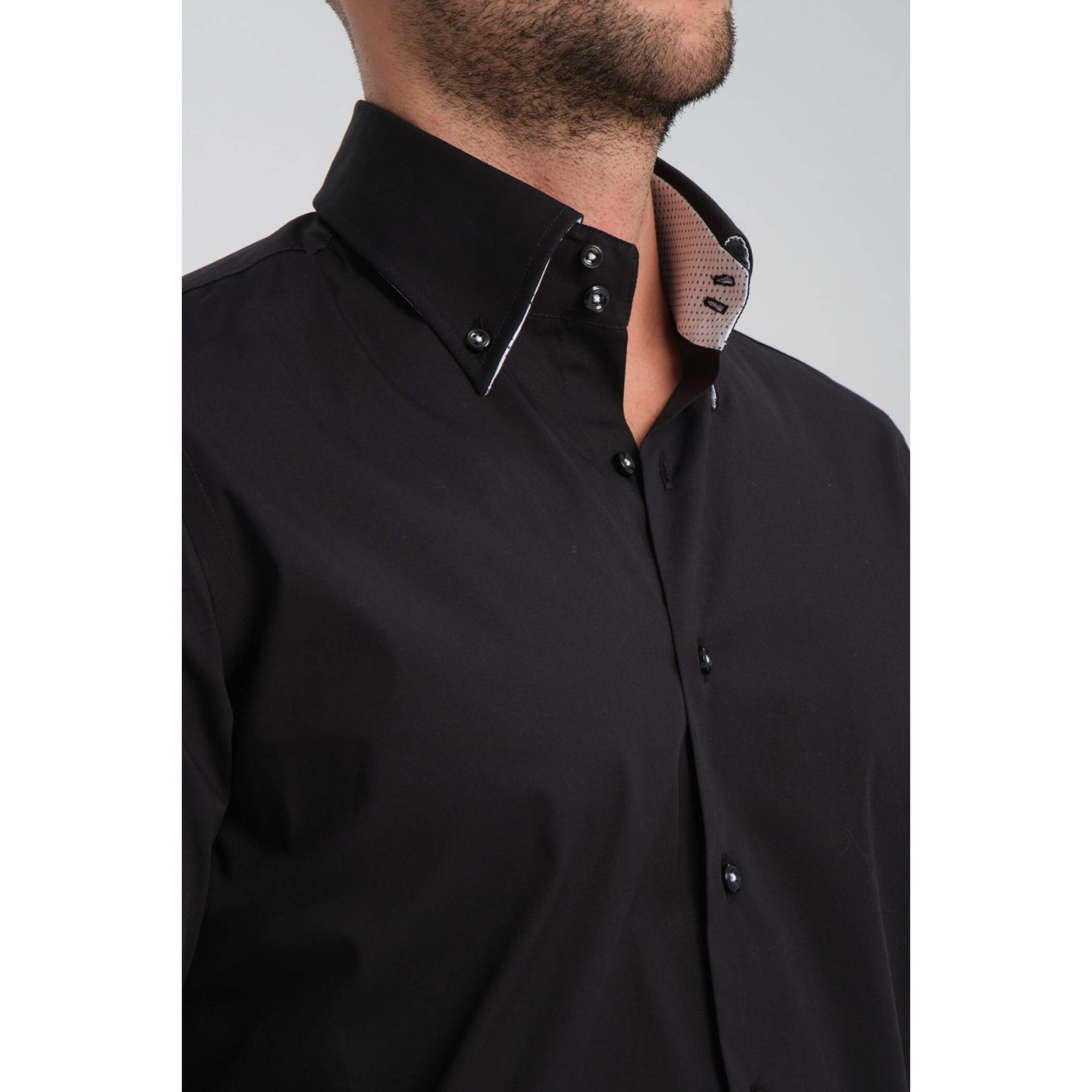 Camicia Uomo 2 Bottoni Button Down Slim Popeline Stretch Unito Nero