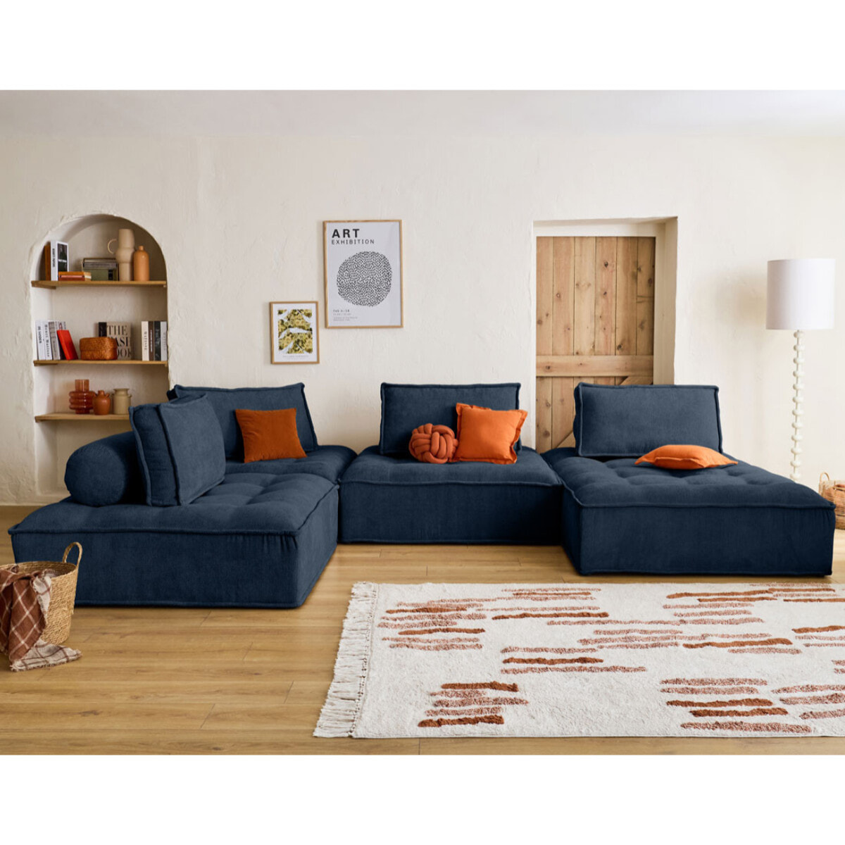 Marisol - canapé panoramique modulable 7 places - velours texturé - Bleu