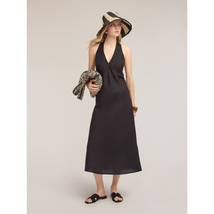 Motivi - Vestido largo en A de mezcla de lino - Negro