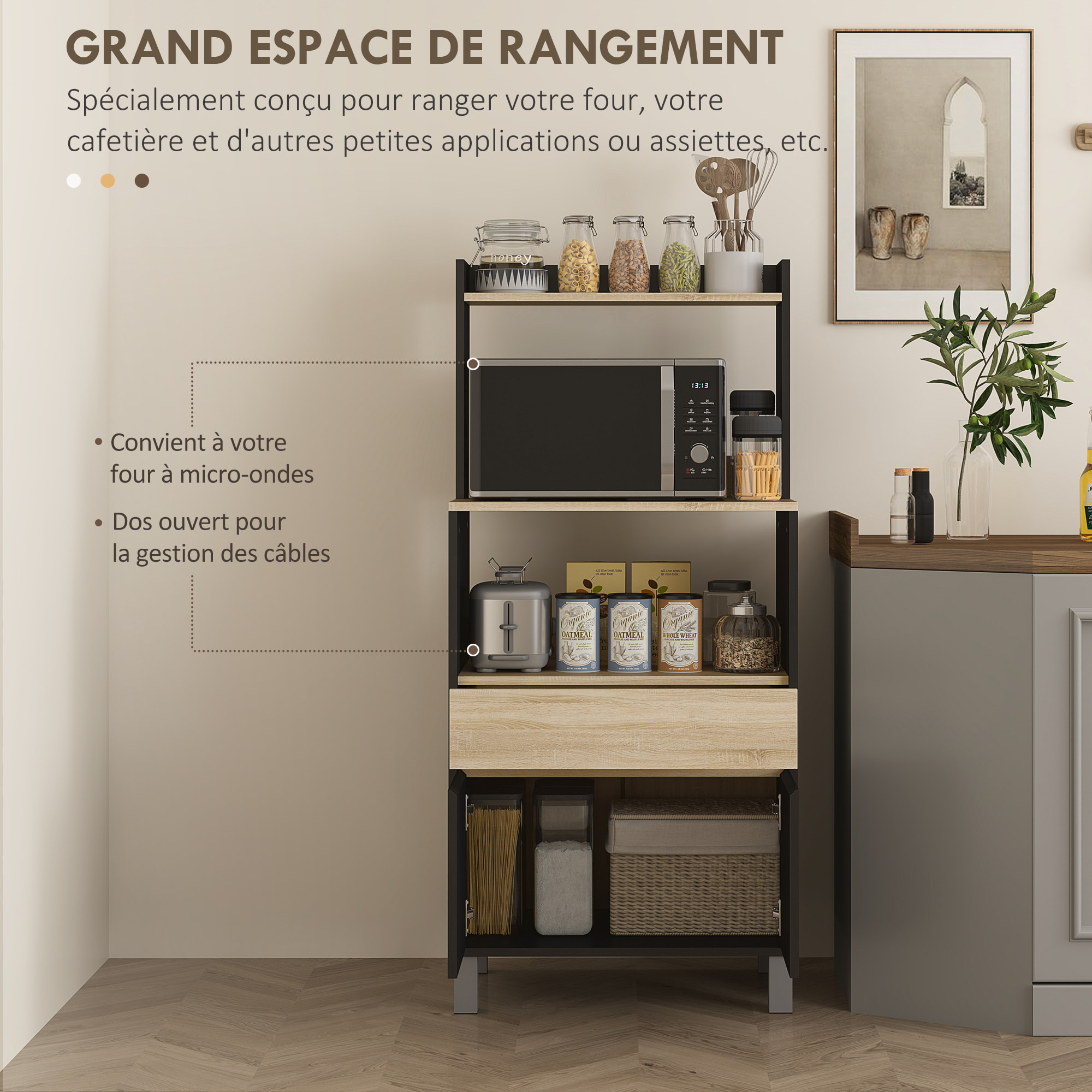 Meuble de rangement desserte de cuisine pour micro-ondes avec placard tiroir étagère supérieur 60 x 40 x 131 cm naturel et noir