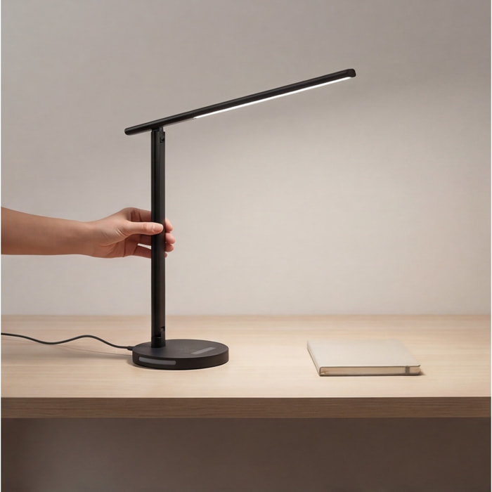 BLUCO KODA Flexo Led Regulable con Control Táctil. Lámpara de Escritorio con Cargador Inalámbrico para Móviles Negro 15W