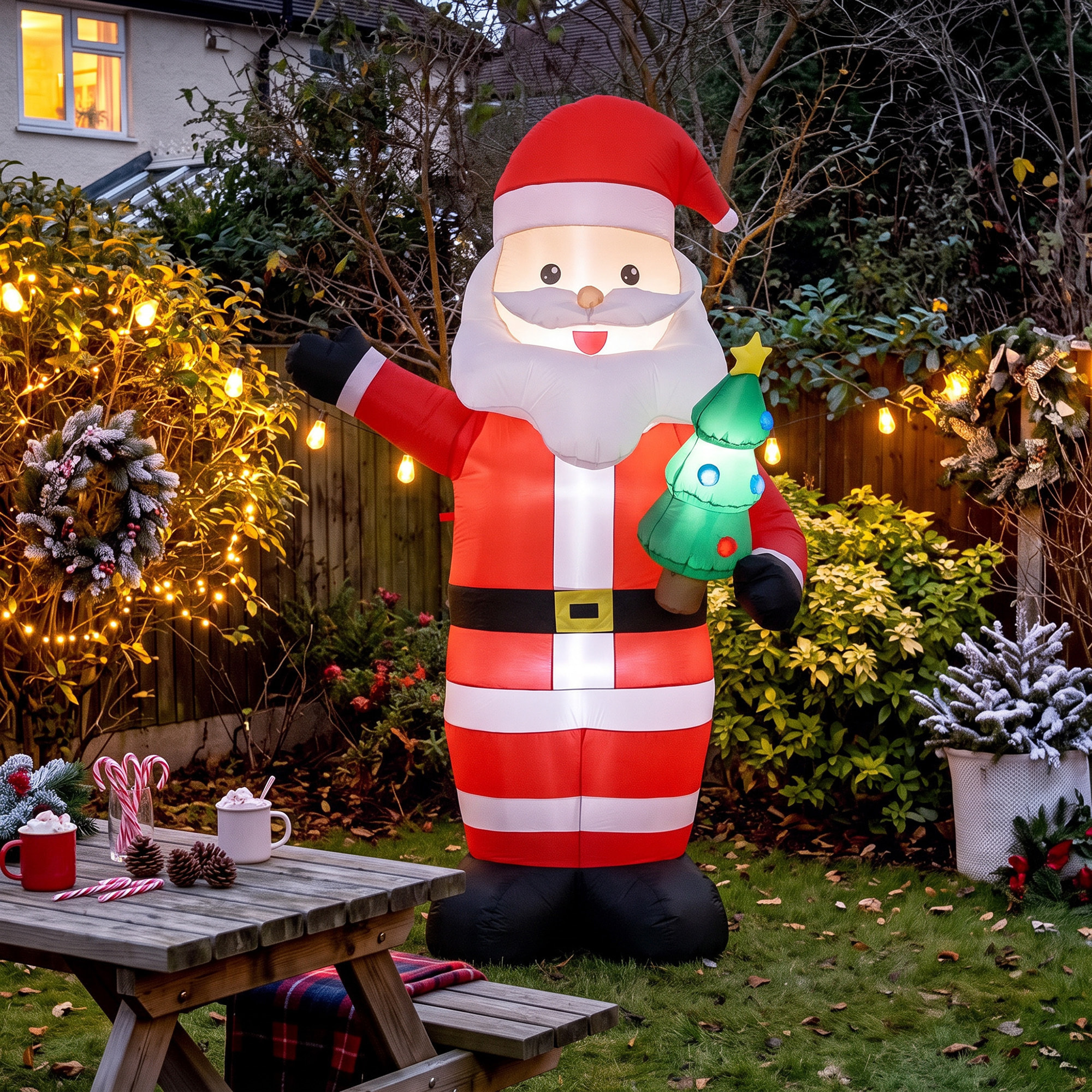 Père Noël gonflable LED 2,4H m avec mini sapin polyester imperméable rouge
