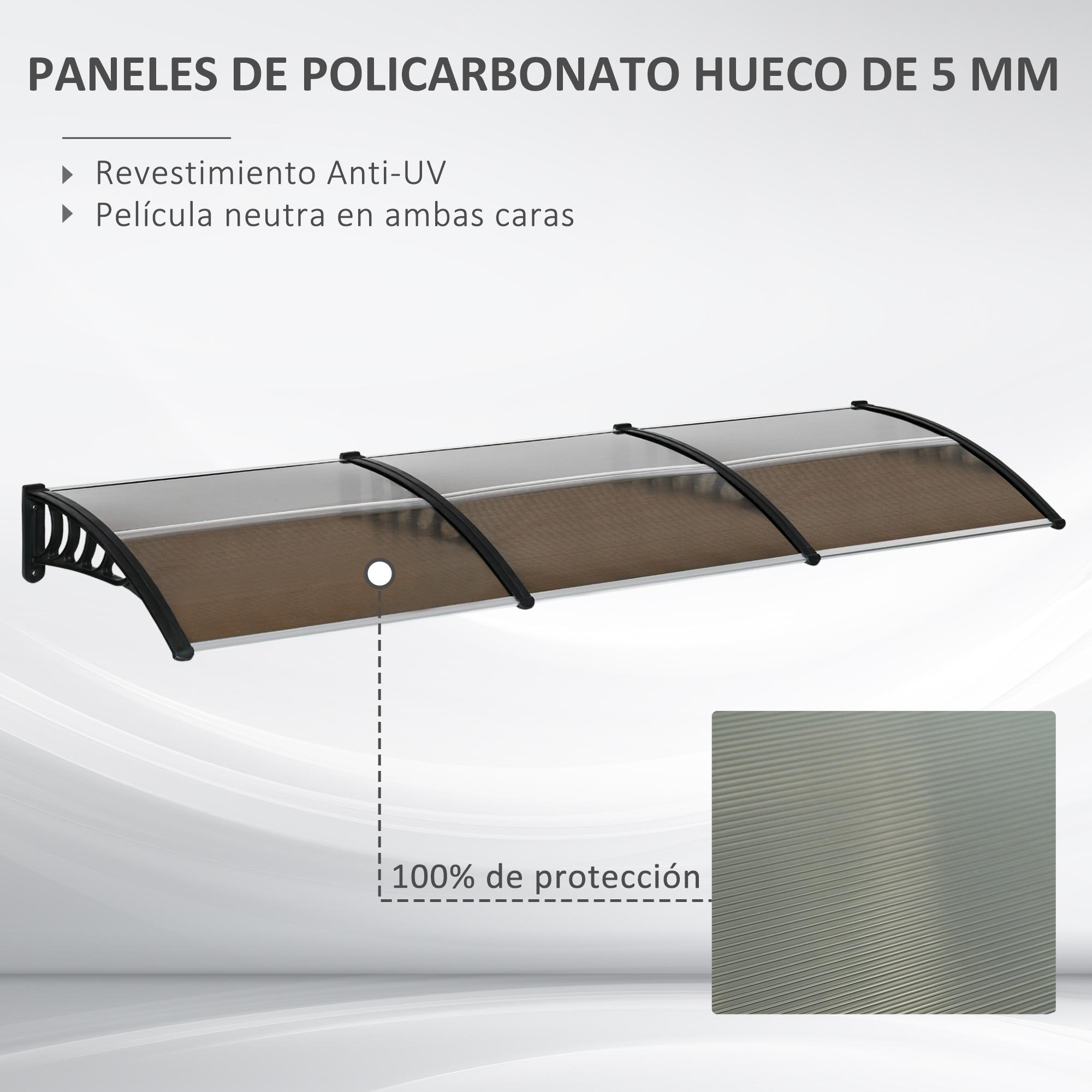 Tejadillo de Protección 303x96x27 cm Marquesina Exterior para Puertas y Ventanas contra Sol y Lluvia con Soporte de PP Policarbonato Marrón